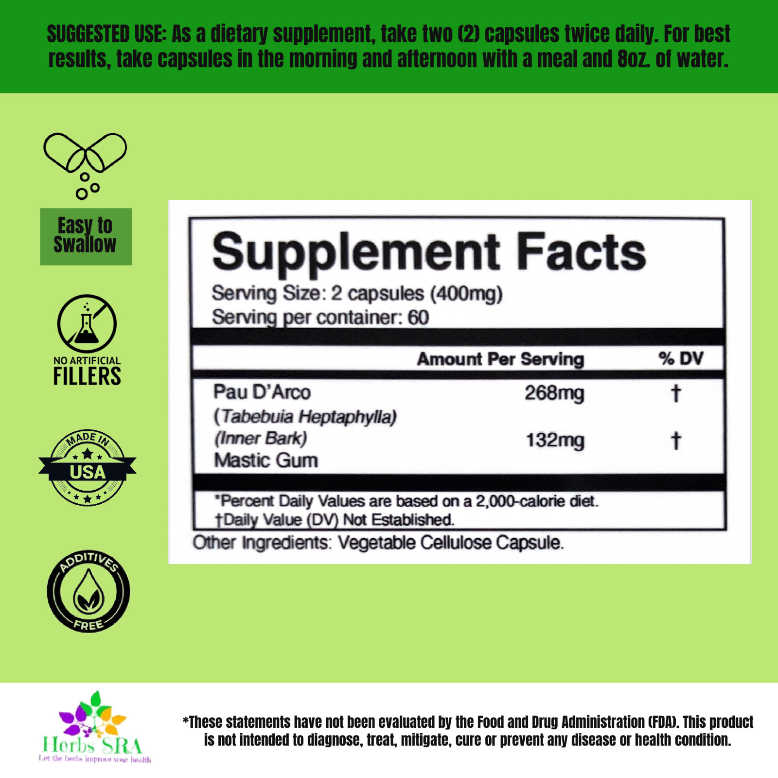 120 Capsules, Mastic gum and Paud’ Arco extract, bad bacteria control, Natural.