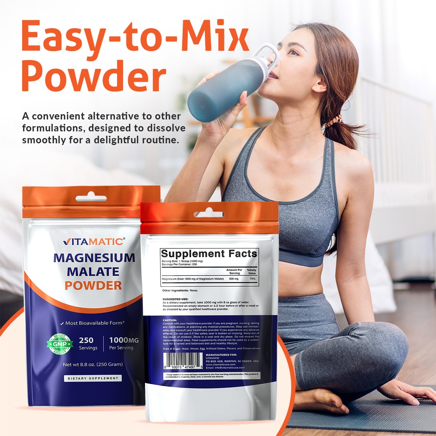 Vitamatic Magnesium Malate 1000mg per Serving – 250 Grams – 250 Servings