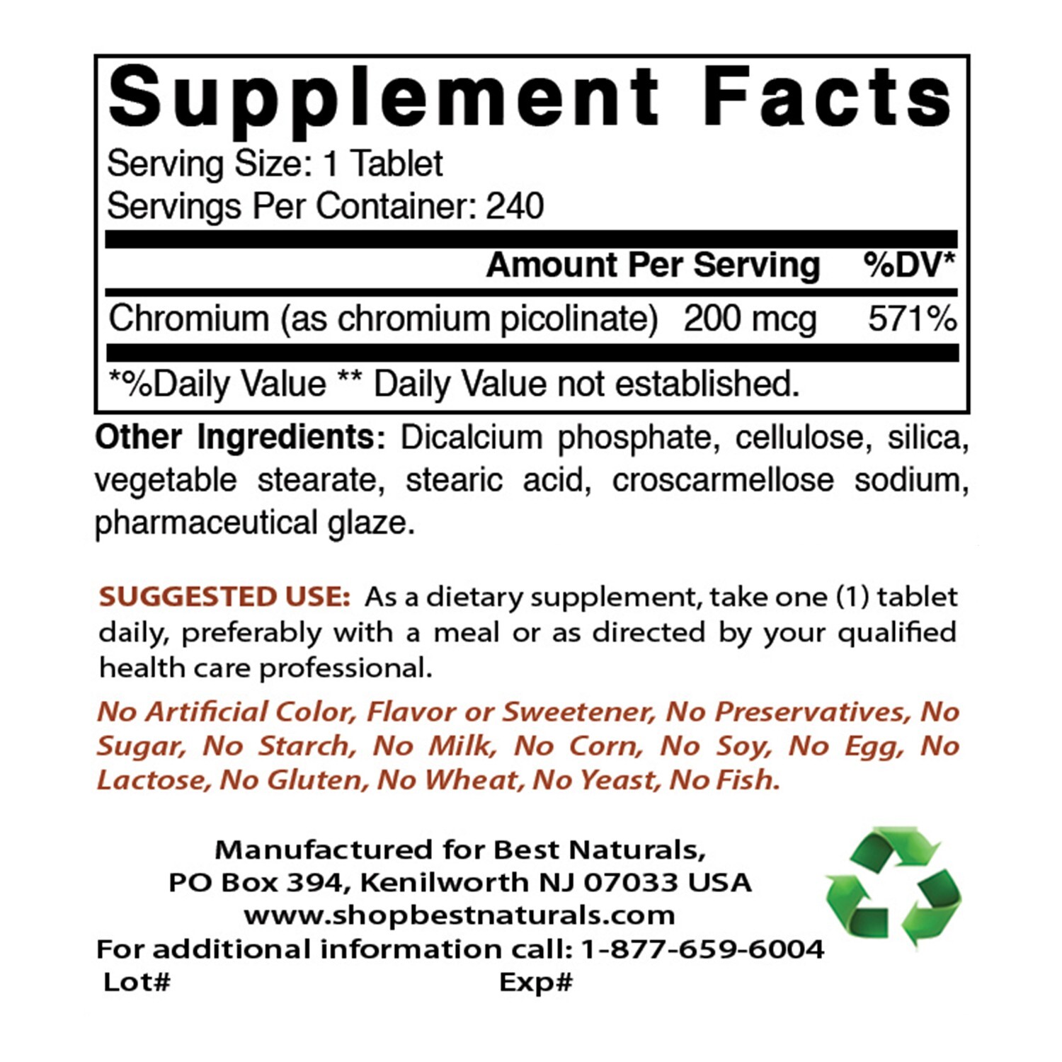 Best Naturals Chromium Picolinate Tablet, 200 mcg, 240 Count