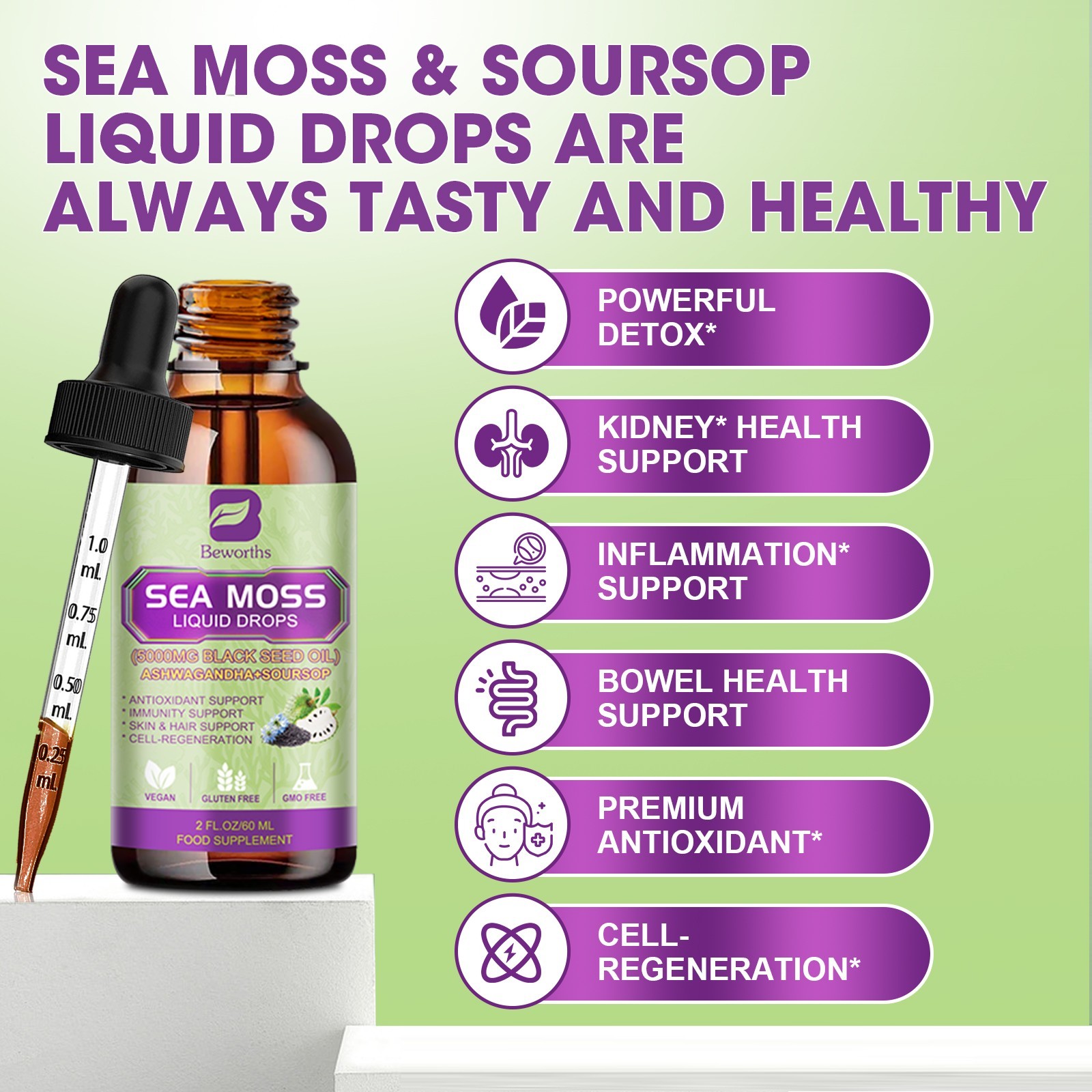 2 Pack Certified Organic Sea Moss Drops Irish Sea Moss Bladderwrack Burdock Root