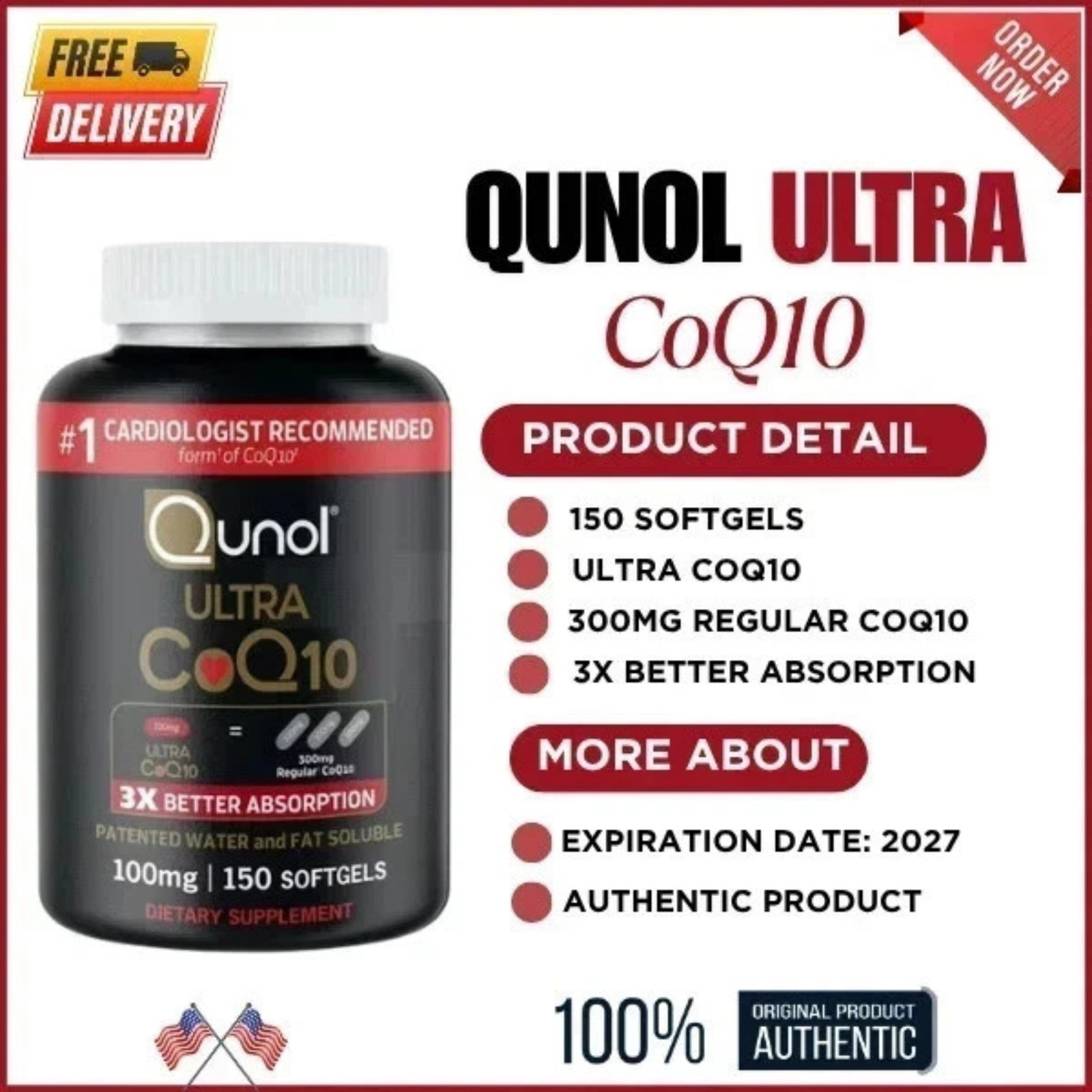 NEW Qunol Ultra CoQ10 100 mg., 150 Softgels. Exp.12/2028