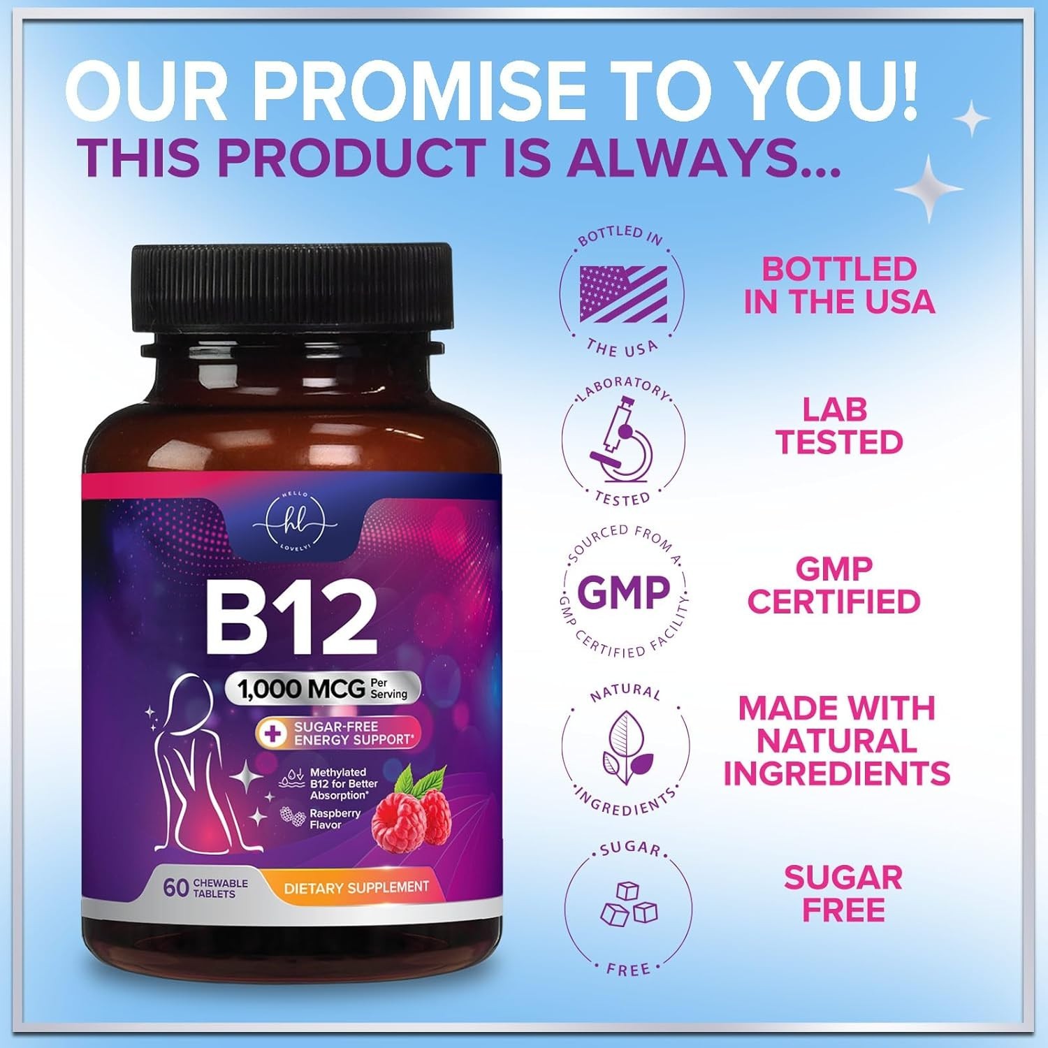 B 12 Vitamin Chewables 1000 mcg – B12 Complex with Heart & Nerve Energy Health