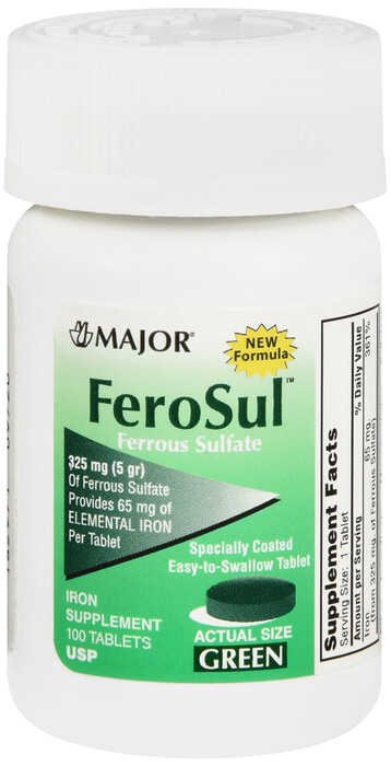 Major FeroSul 325mg Ferrous Sulfate Coated Easy-To-Swallow 100 ct