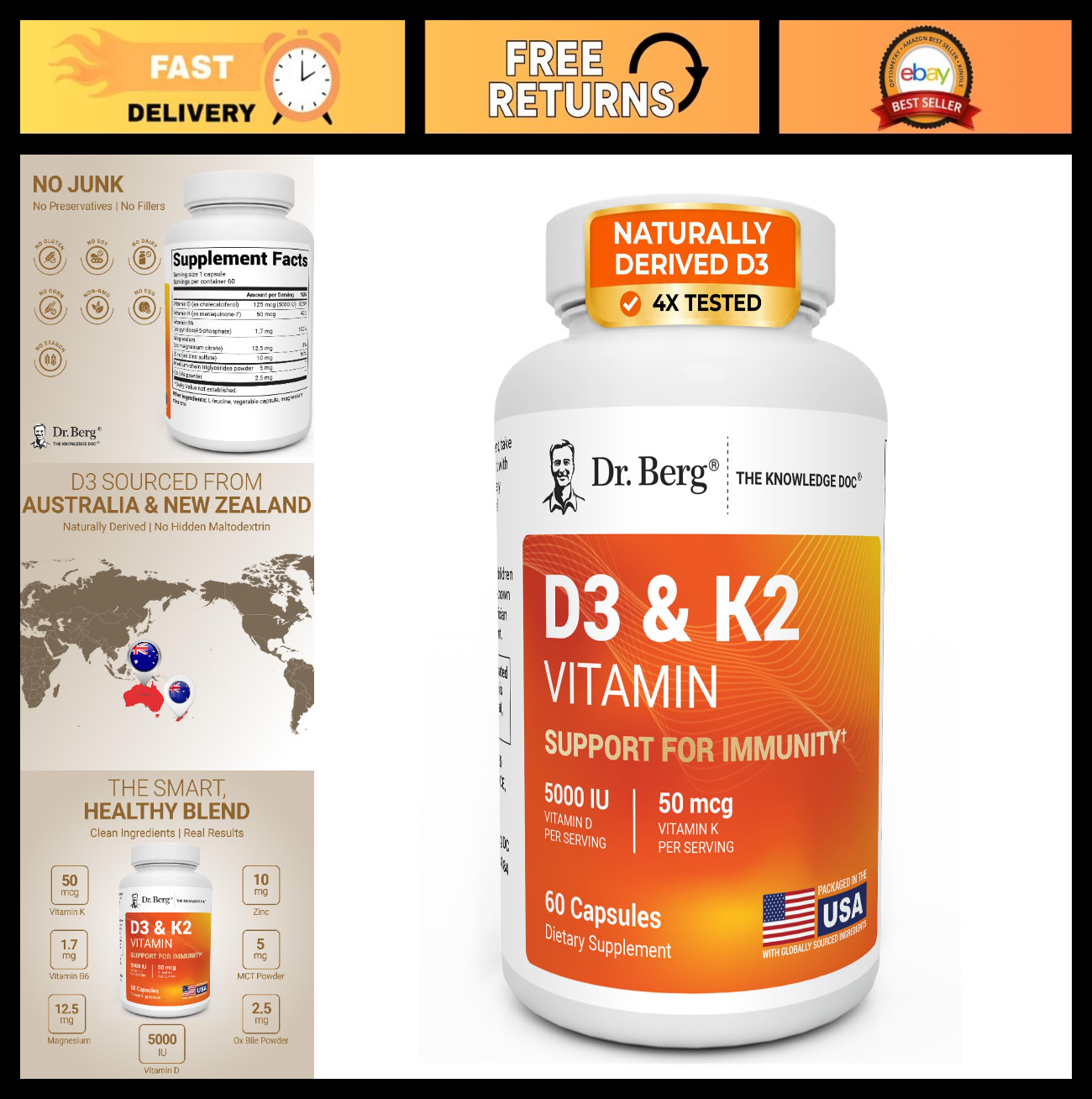 7-in-1 Vitamin D3 K2 5000 IU | High Absorption, Lab-Tested Supplement | 60 Capsu