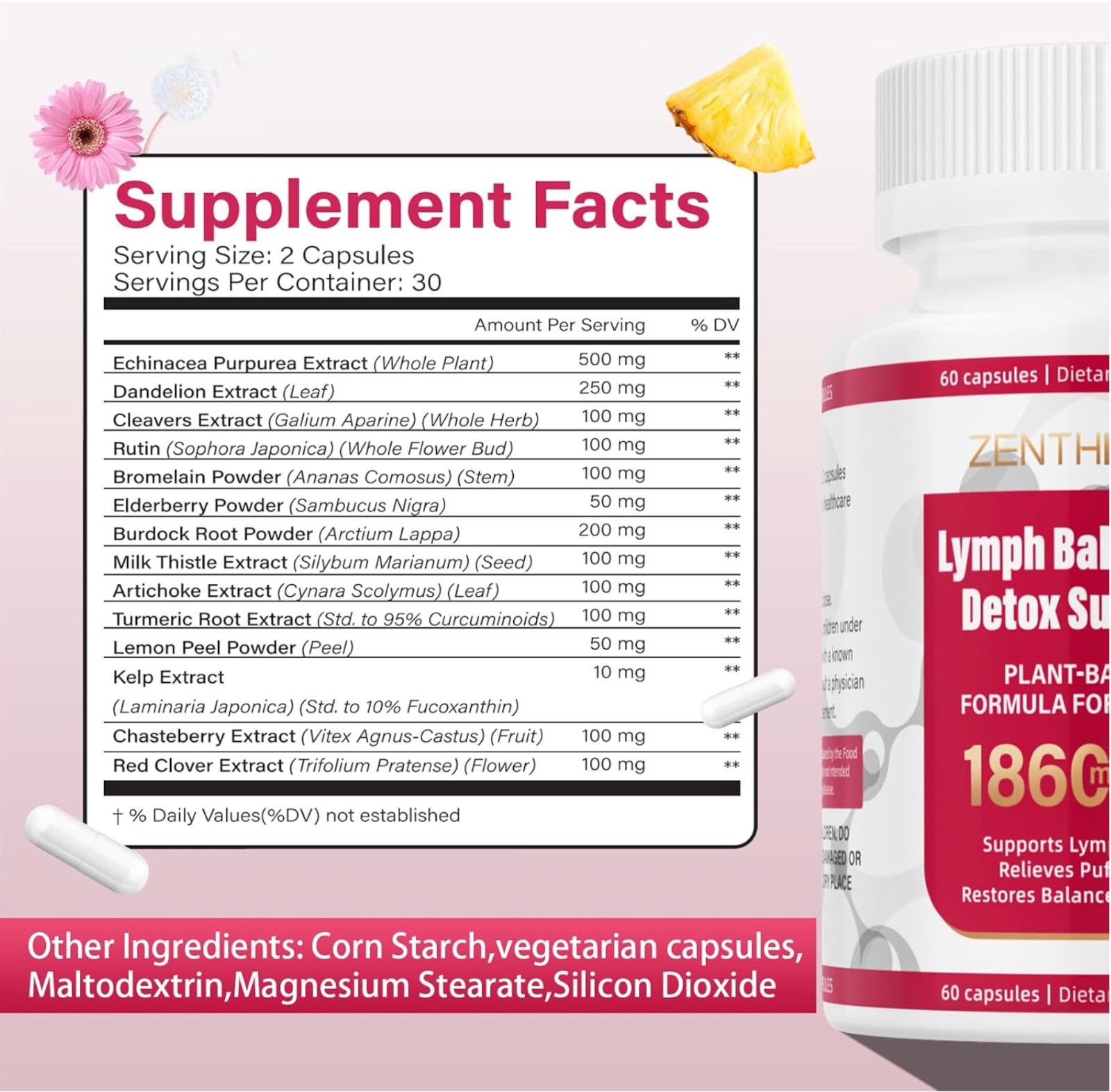 Lymphatic Drainage Supplement 1860mg Dandelion Burdock Turmeric 60 Capsules