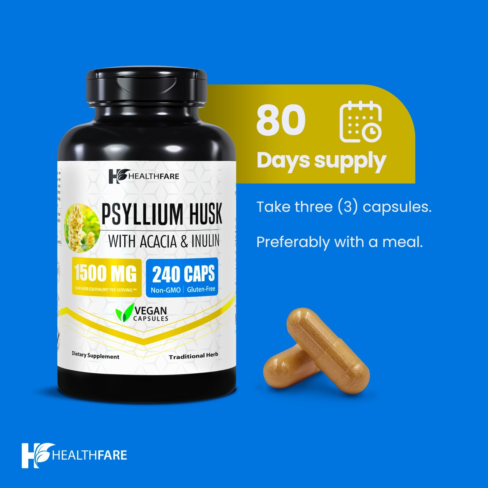 Healthfare Psyllium Husk Capsules, 1500mg | 240 Veg Capsules | High Fiber