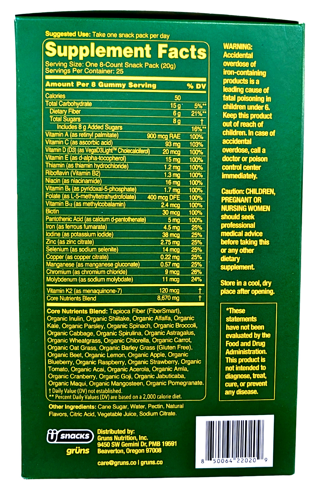 Gruns Adult Organic Superfood Greens Multivitamin Gummies 25 Count EXP 02/2027