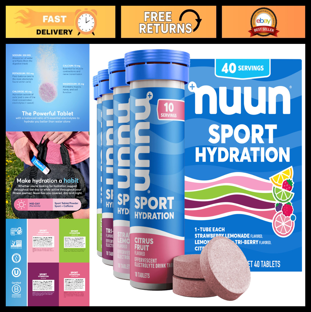 Electrolyte Tablets for Sports, Gluten Free & Vegan, Mixed Flavors, 4 Pack (40 S