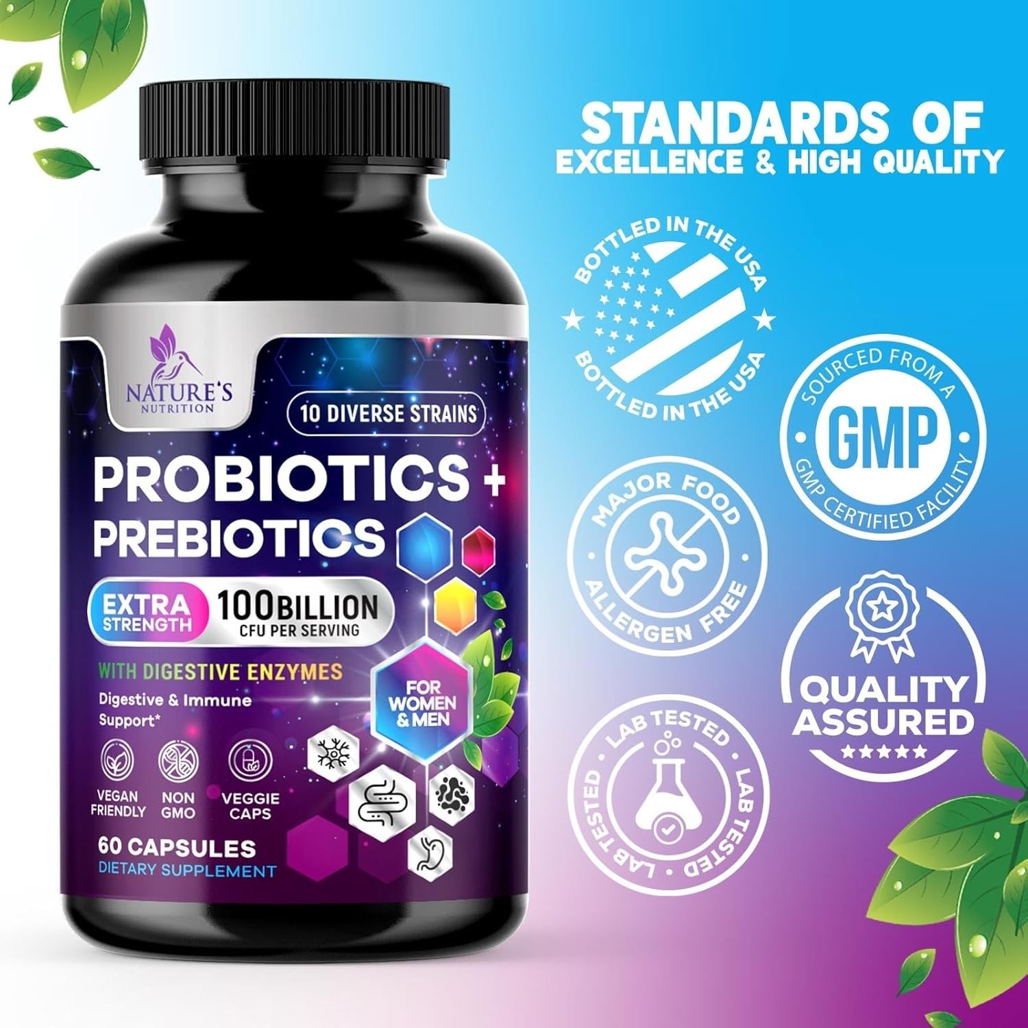 Daily Probiotic and Prebiotic Supplement 60 Billion CFU 10 Diverse Strains