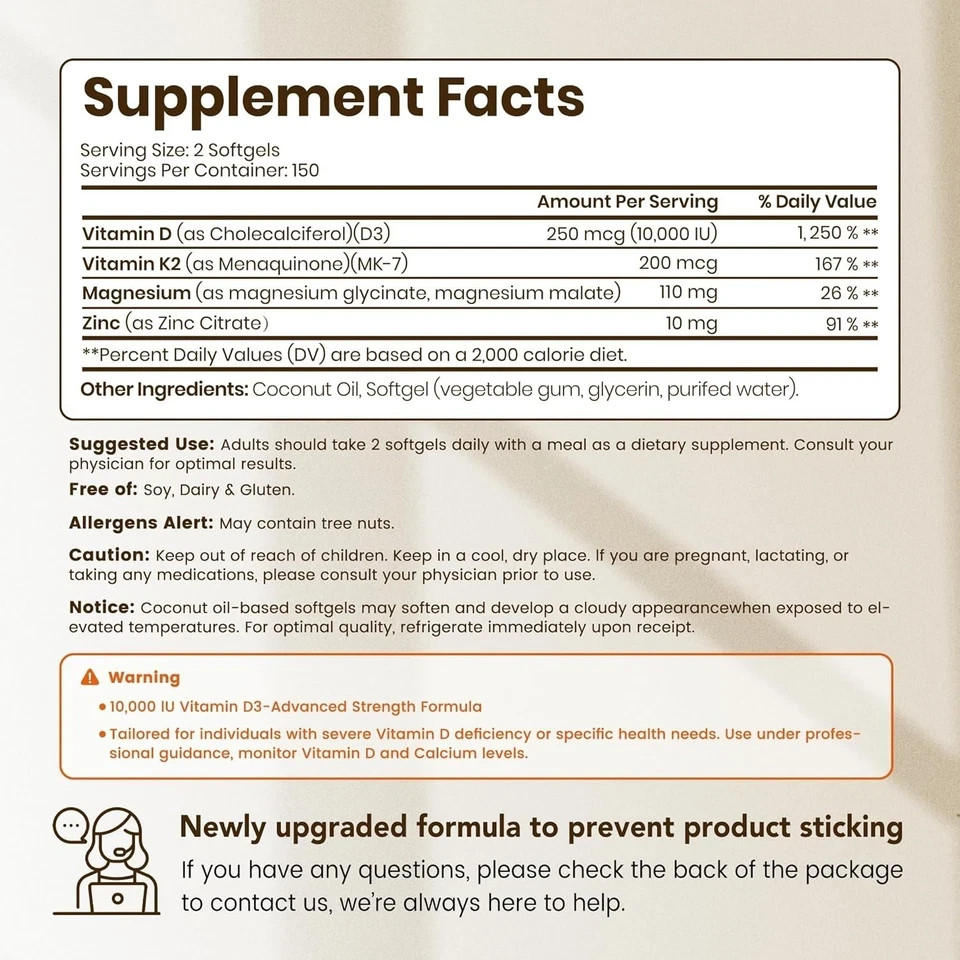VEV Vitamin D3 K2 Magnesium 10000 IU Softgels Zinc Bone Muscle Energy 300ct