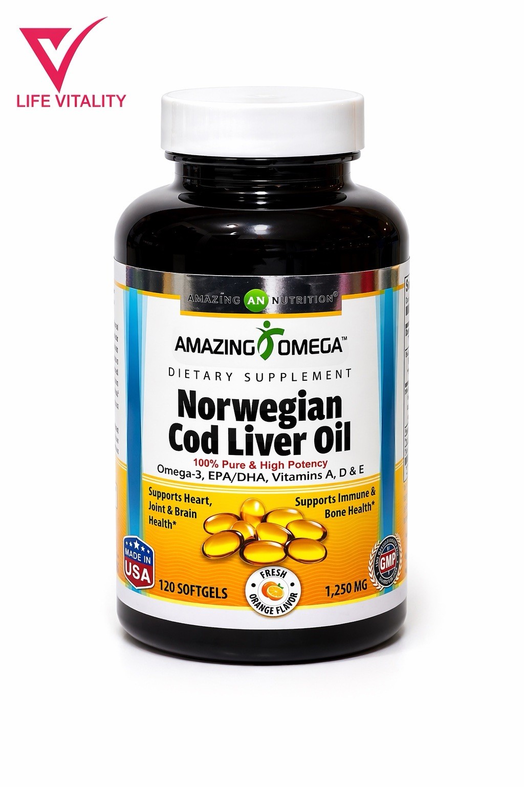 Norwegian Cod Liver Oil 1250 Mg Omega 3 EPA – DHA 120 Softgels Orange Flavor