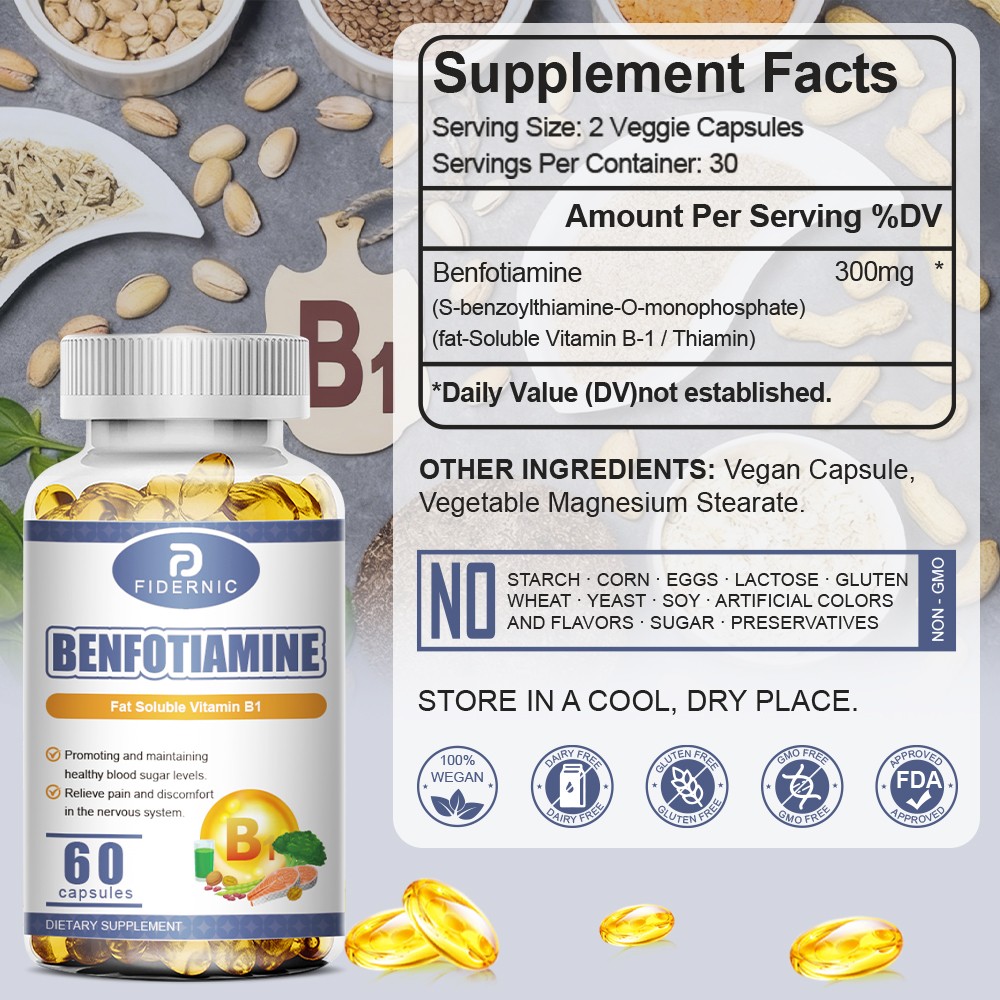 Benfotiamine 60 Capsules Fat Soluble Vitamin B1 Supplement