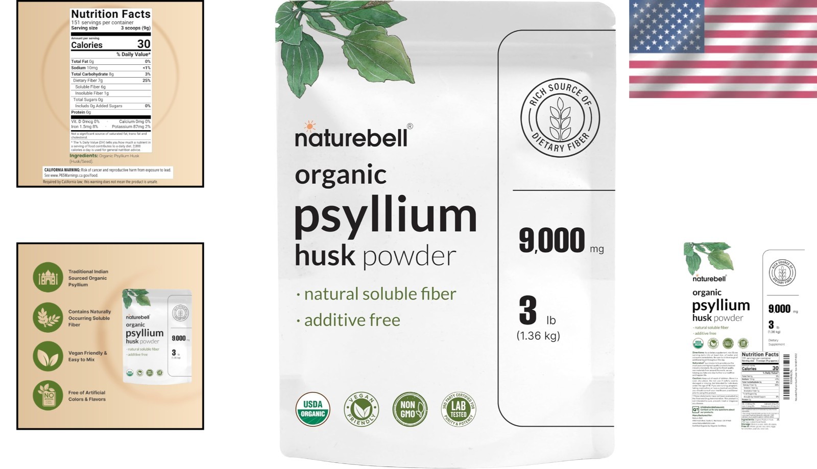 Natural Psyllium Husk Fiber Powder – Unflavored 3lb for Optimal Digestive Health