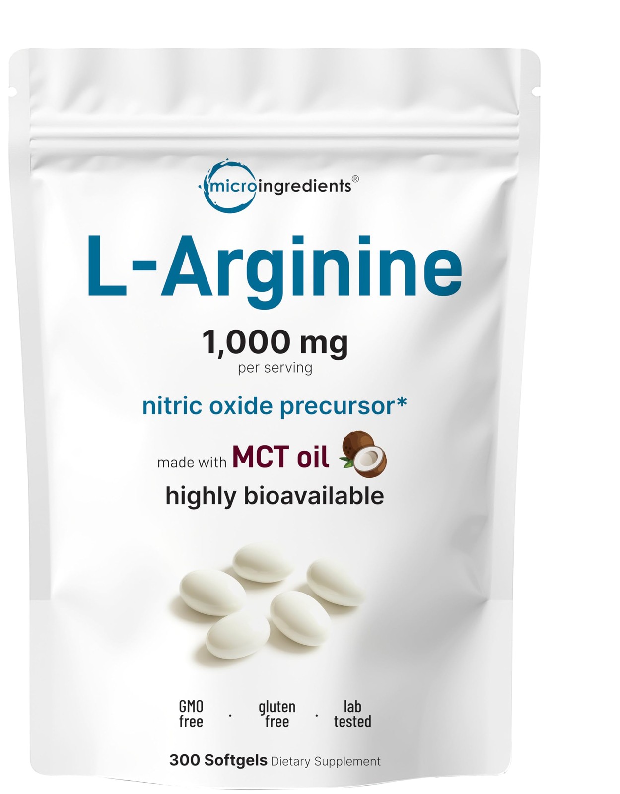 Micro Ingredients L-Arginine 1000mg with MCT Oil, 300 300 Count (Pack of 1)