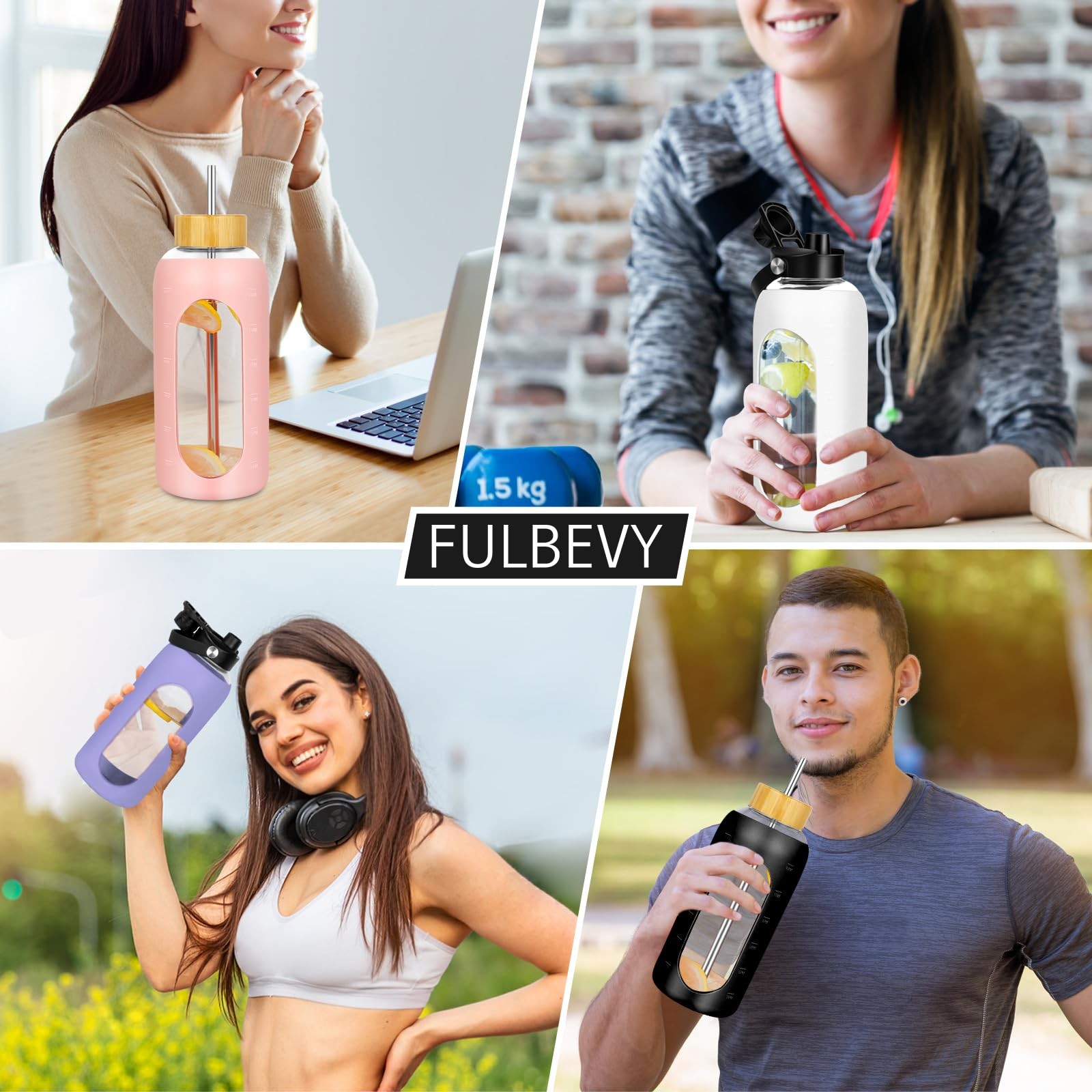 FULBEVY Glass Water Bottles 64 oz – Half Gallon Large 64 Ounces, Black