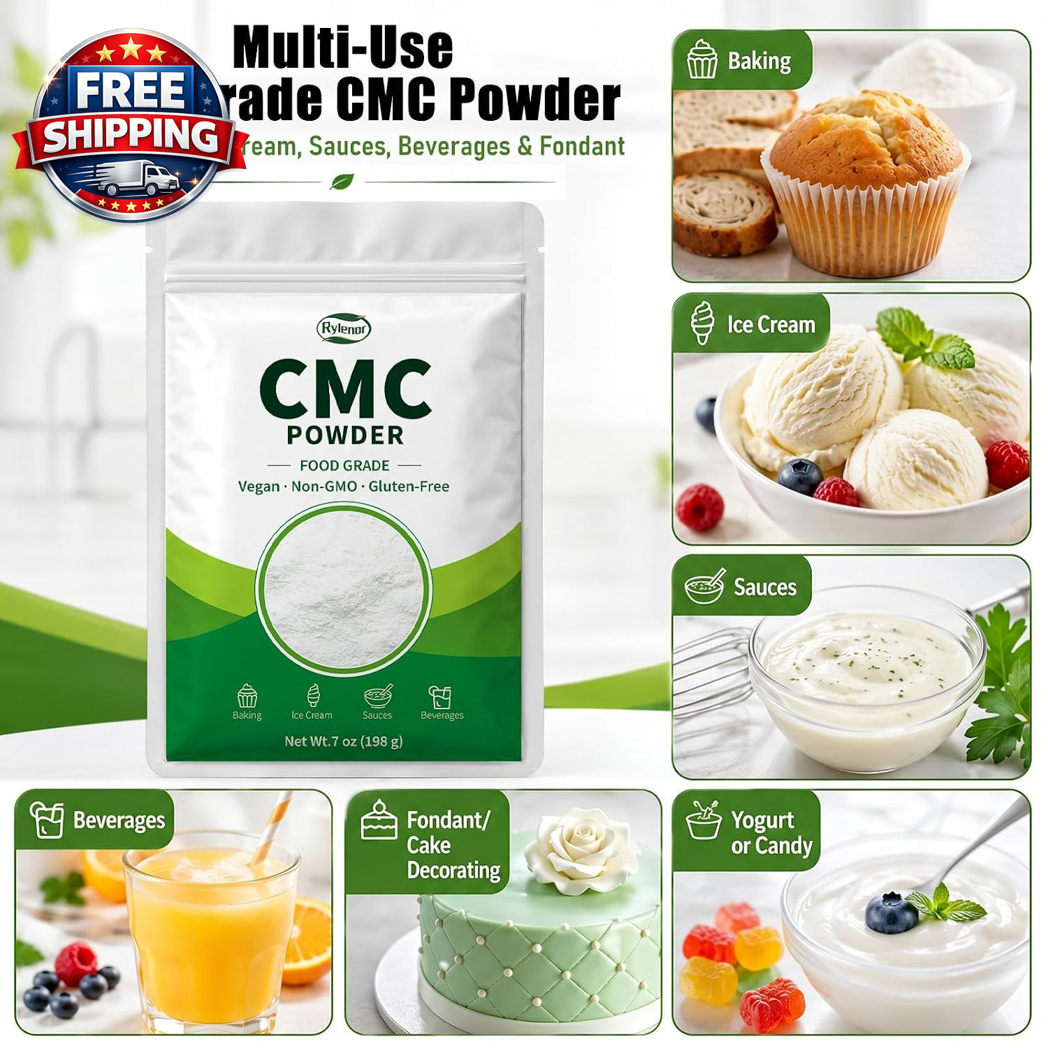 100% Pure CMC Powder CMC Para Helados for Fondant, Ice Cream Stabilizer – 7Oz Ce
