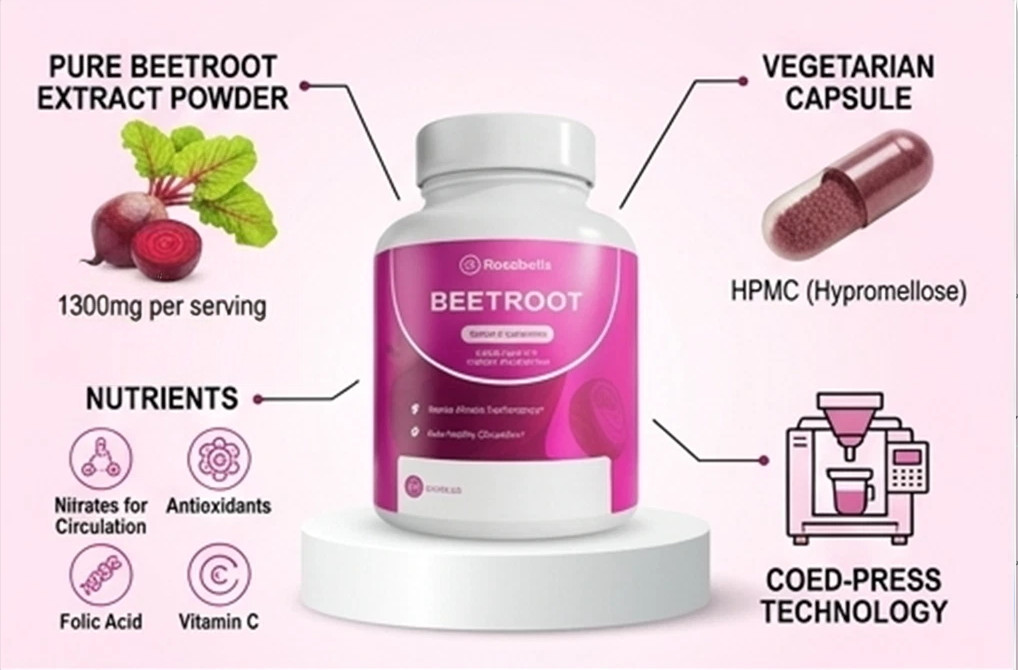 Rosabella Beetroot 1300mg Capsules Supplement 120 Count (2 x 60ct) Daily Wellnes