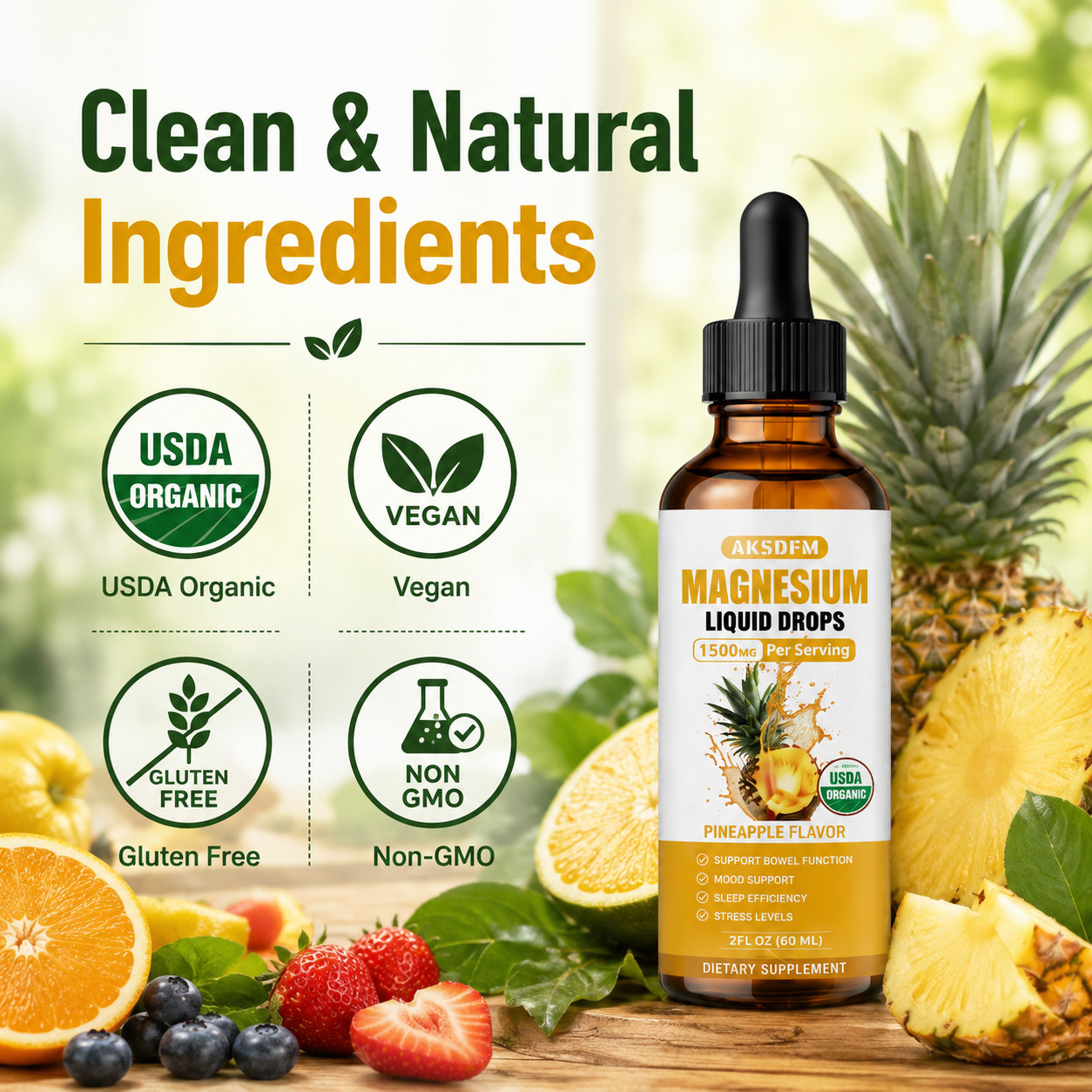 2 Pack Magnesium Liquid Drops 1500mg Pineapple Flavor 60ml Vegan Gluten Free
