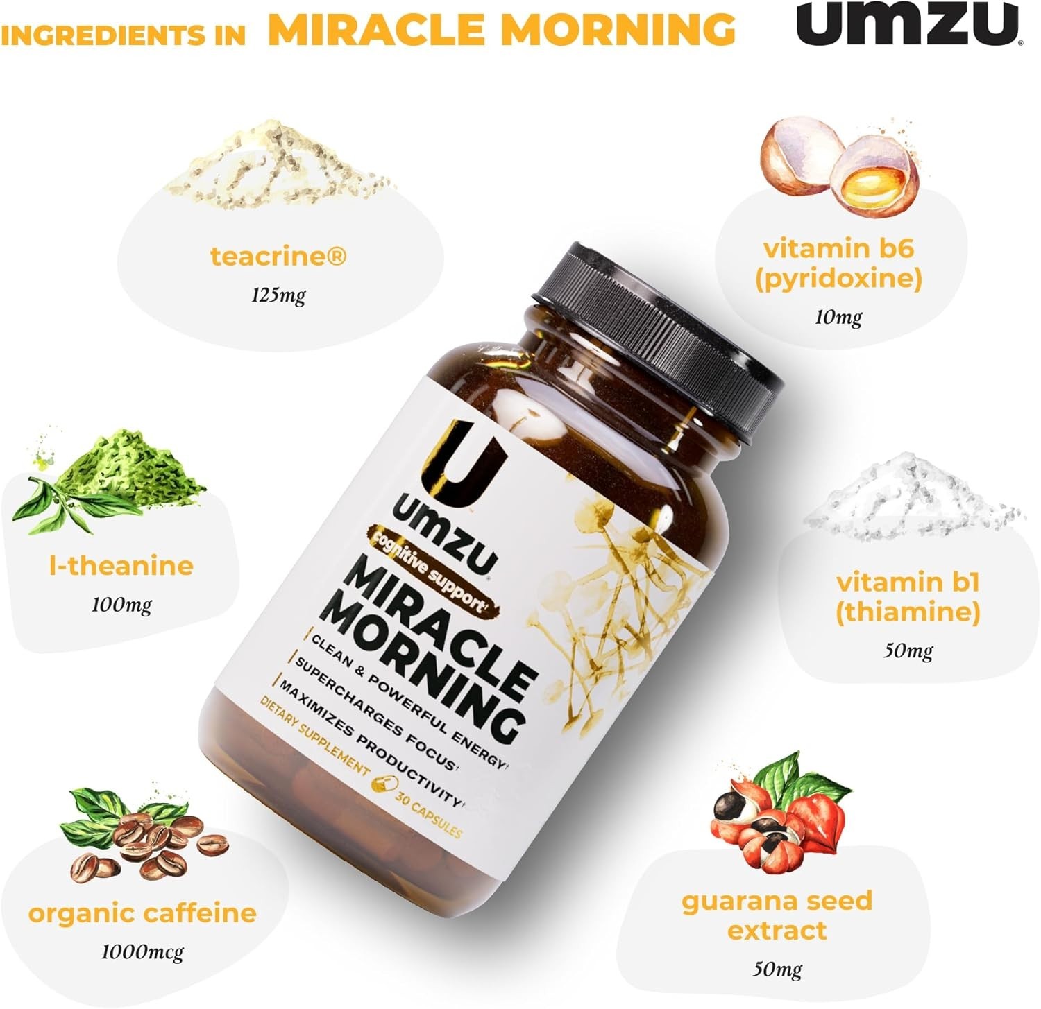 Miracle Morning Natural Energy Focus & Mood Boost | 150mg Caffeine 30 Caps