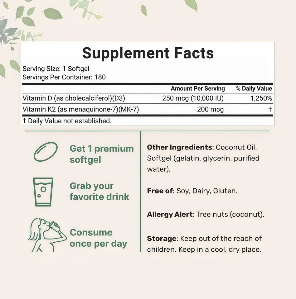 Vitamin D3 10000 iu Plus 300 (MK-7) 200 mcg, K2 Virgin Coconut Oil Softgels