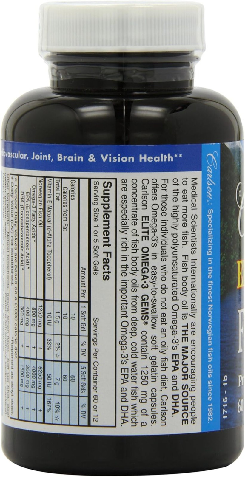 Carlson Labs Elite Omega-3 Gems Fish Oil 1250mg, 60 Softgels