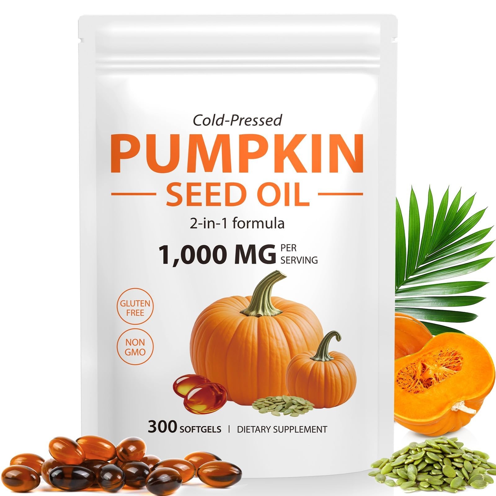 Cold Pressed Pumpkin Seed Oil & Saw Palmetto 1000mg, 300 Softgels – Hair, Prosta