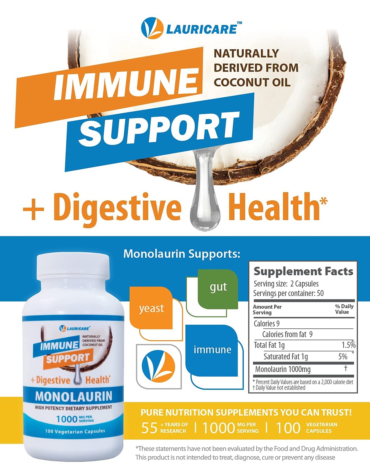 Lauricare Monolaurin Supplement for Immune Support – 100 Count (Pack of 1)