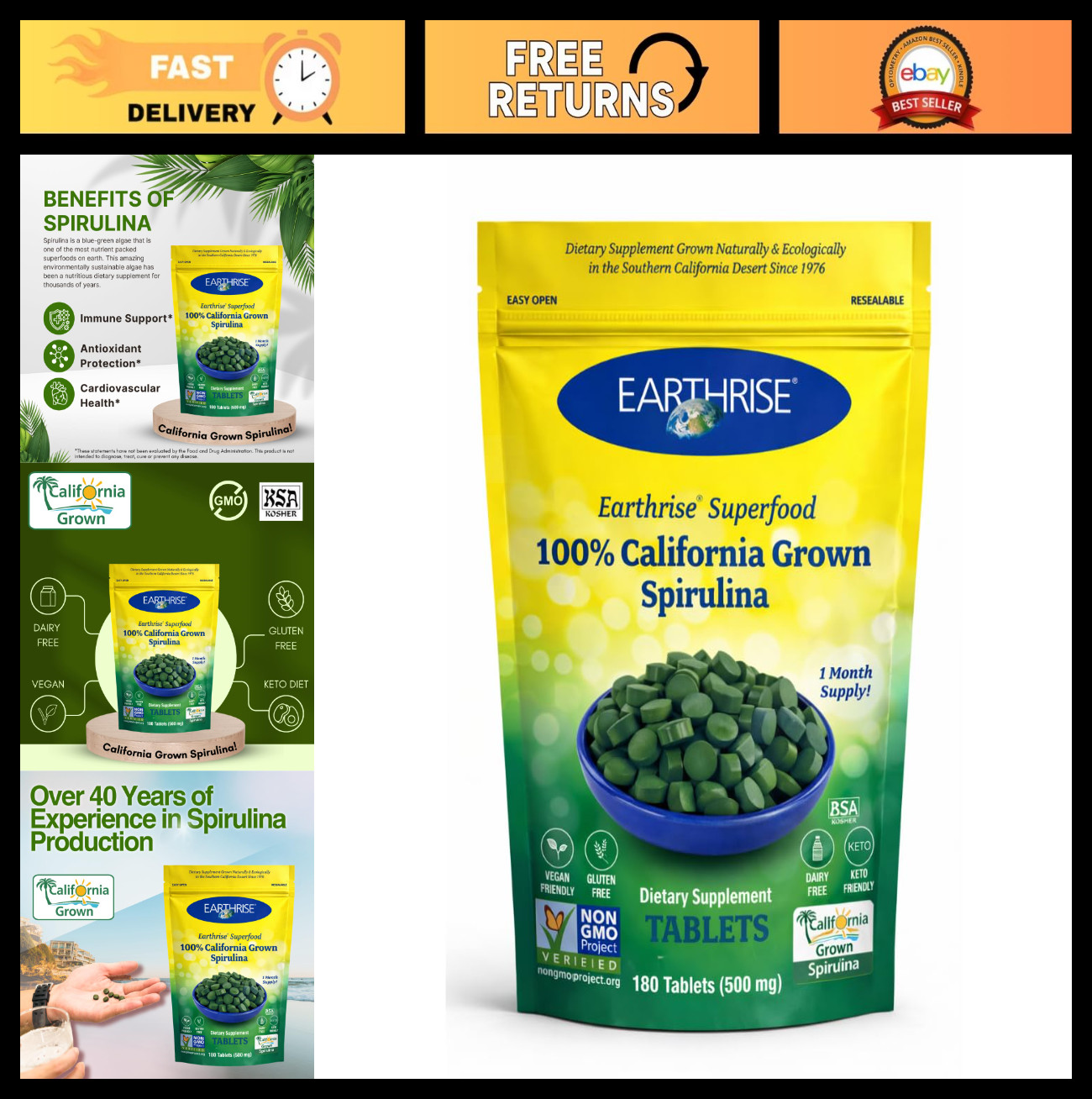 Premium Spirulina Tablets 500mg – 180 Count | Vegan, Gluten-Free, Non-GMO, Keto