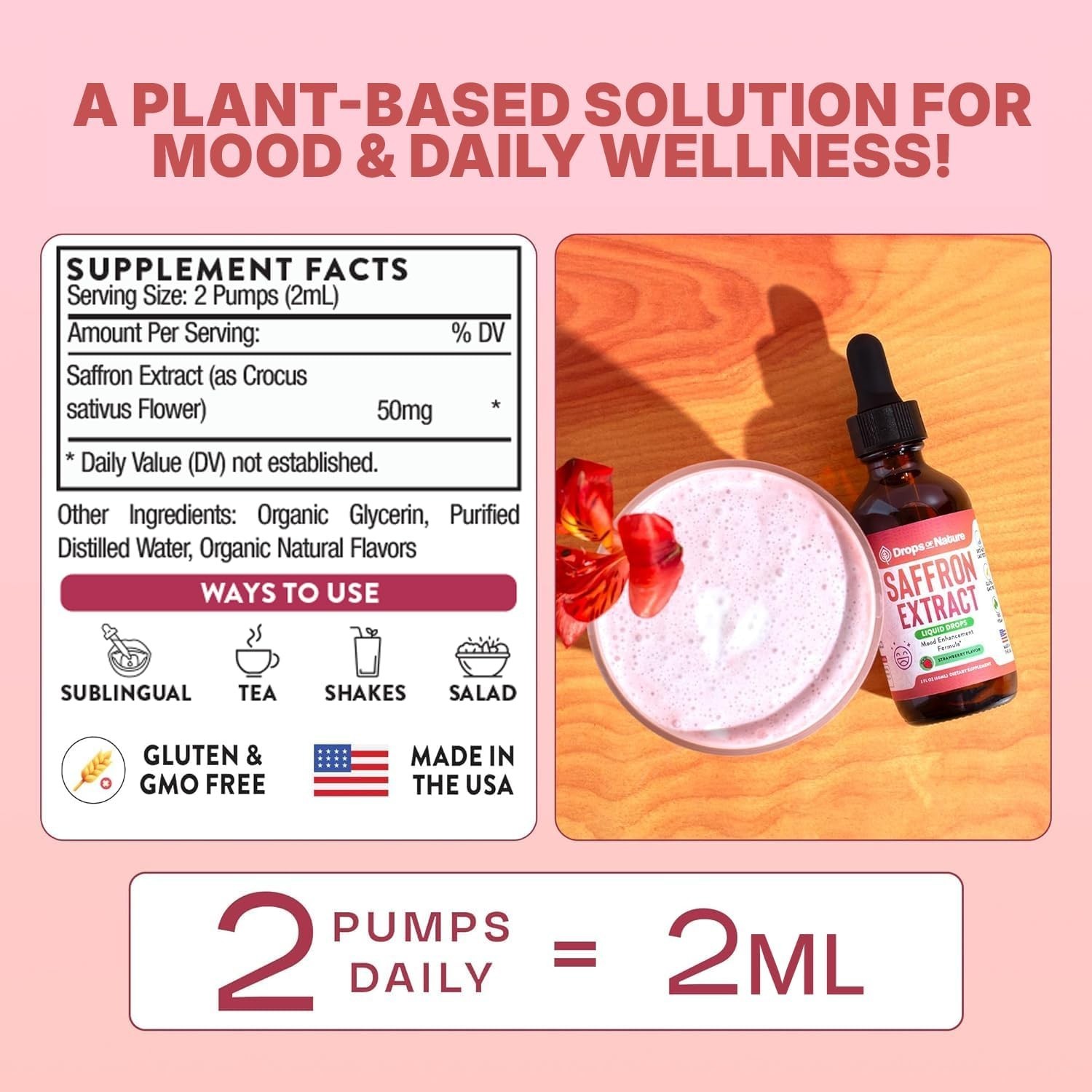 Saffron Extract Liquid Drops for Mood & Mind -Strawberry Flavor 2 fl oz 50mg