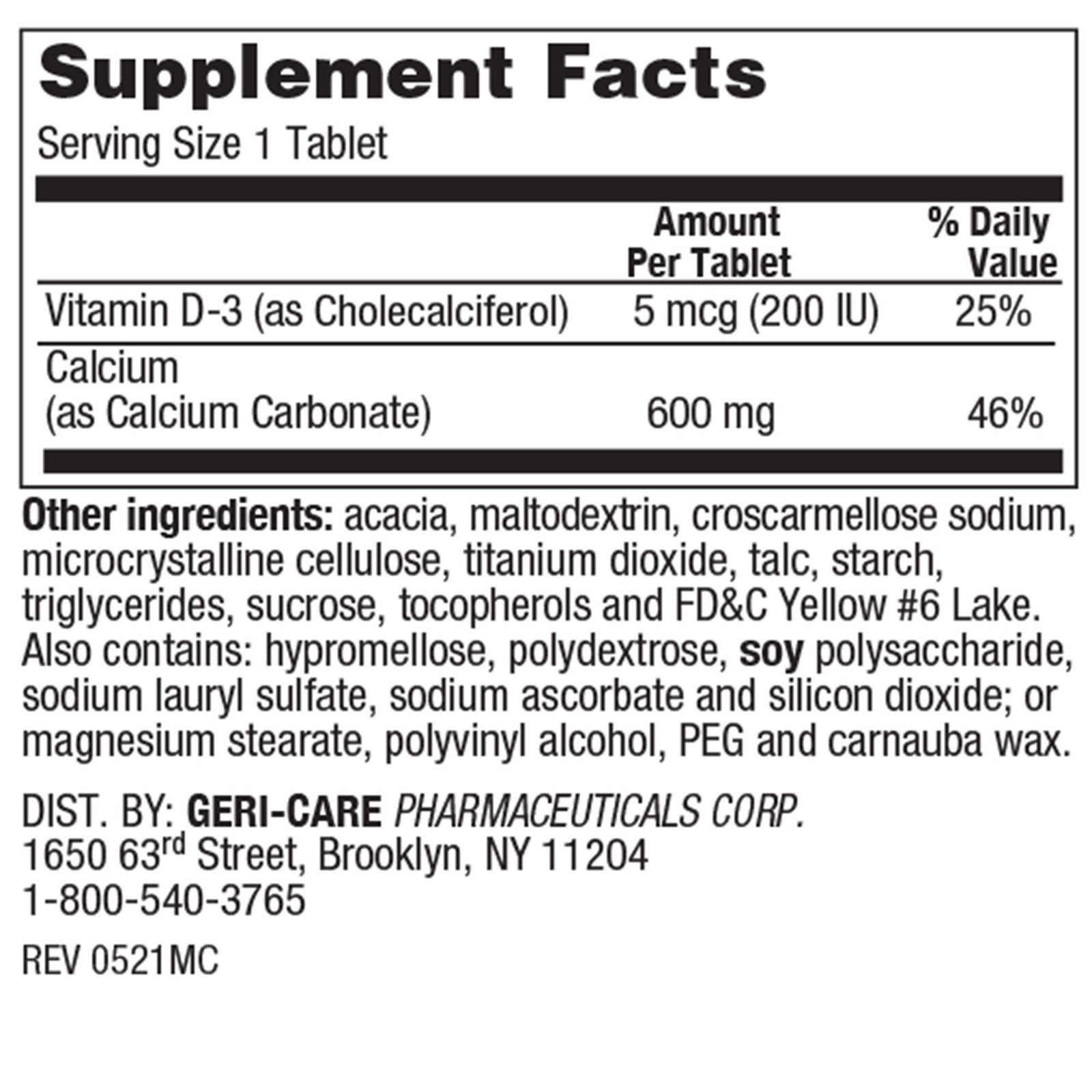 Geri-Care Calcium Tablet 747-06-GCP 1 Bottle 60 per Bottle