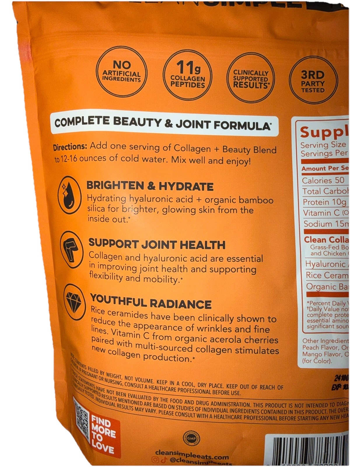 Clean Simple Eats Collagen + Beauty Blend, Peach Mango, 30 Servings Joint Health