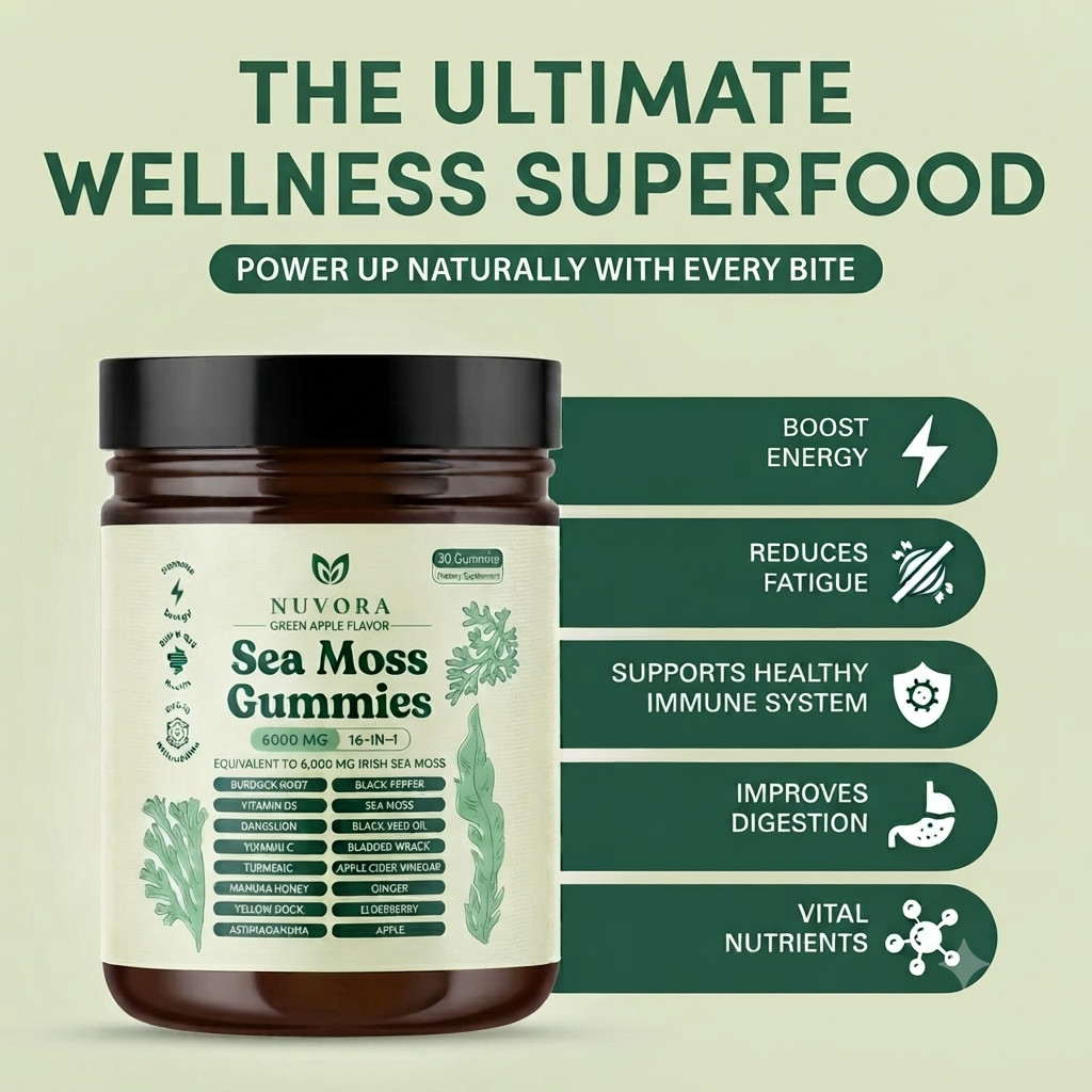 16-in-1 Irish Sea Moss Gummies 6000mg Green Apple Wellness Supplement 30 Ct