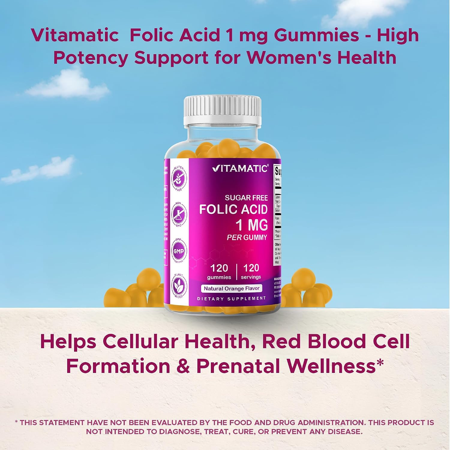 Vitamatic Sugar Free Folic Acid 1 mg Gummies 120 Count Orange Flavor | 1 mg Foli