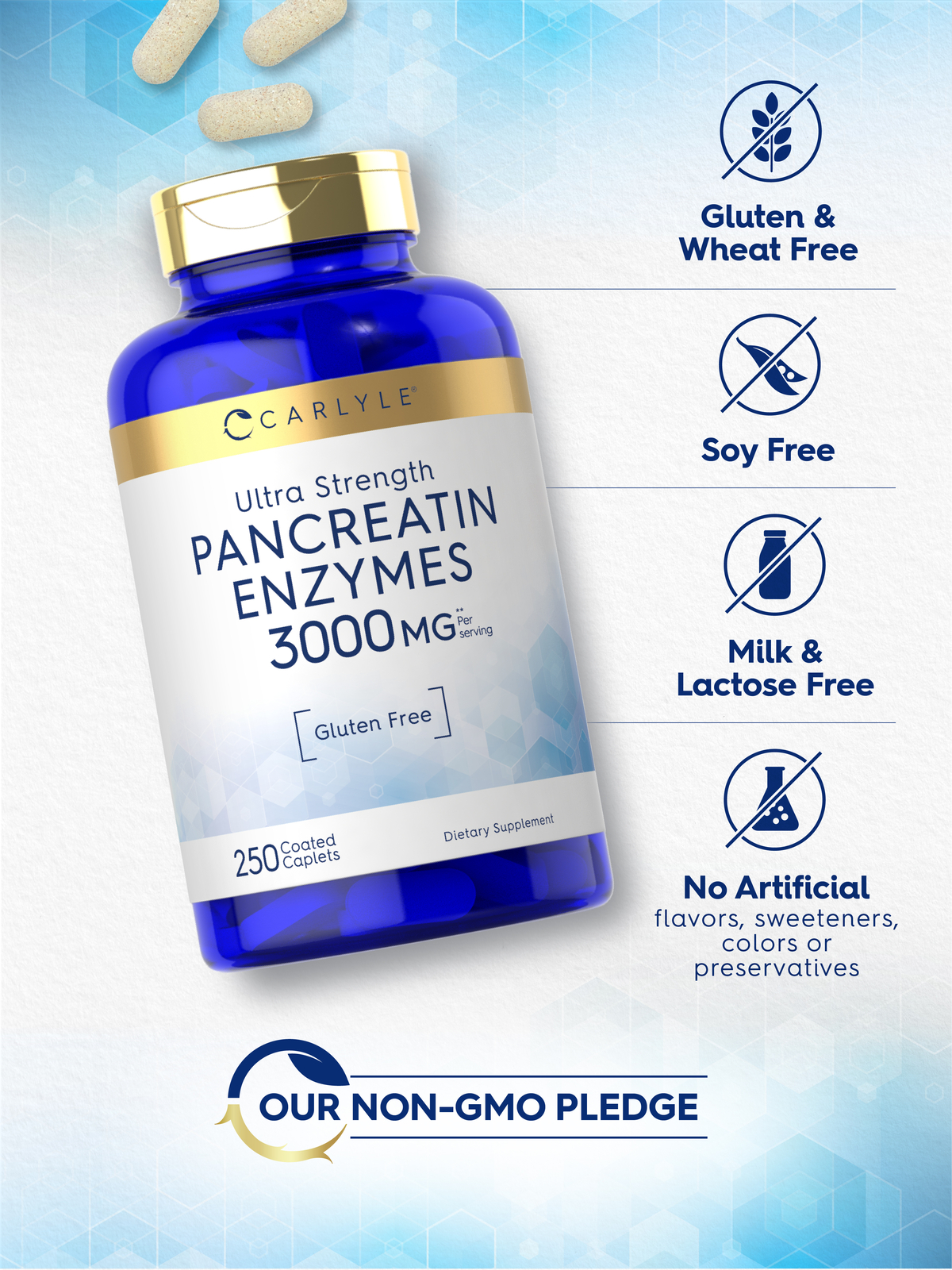 Pancreatin Digestive Enzymes | 3000mg | 250 Caplets | Non-GMO | by Carlyle