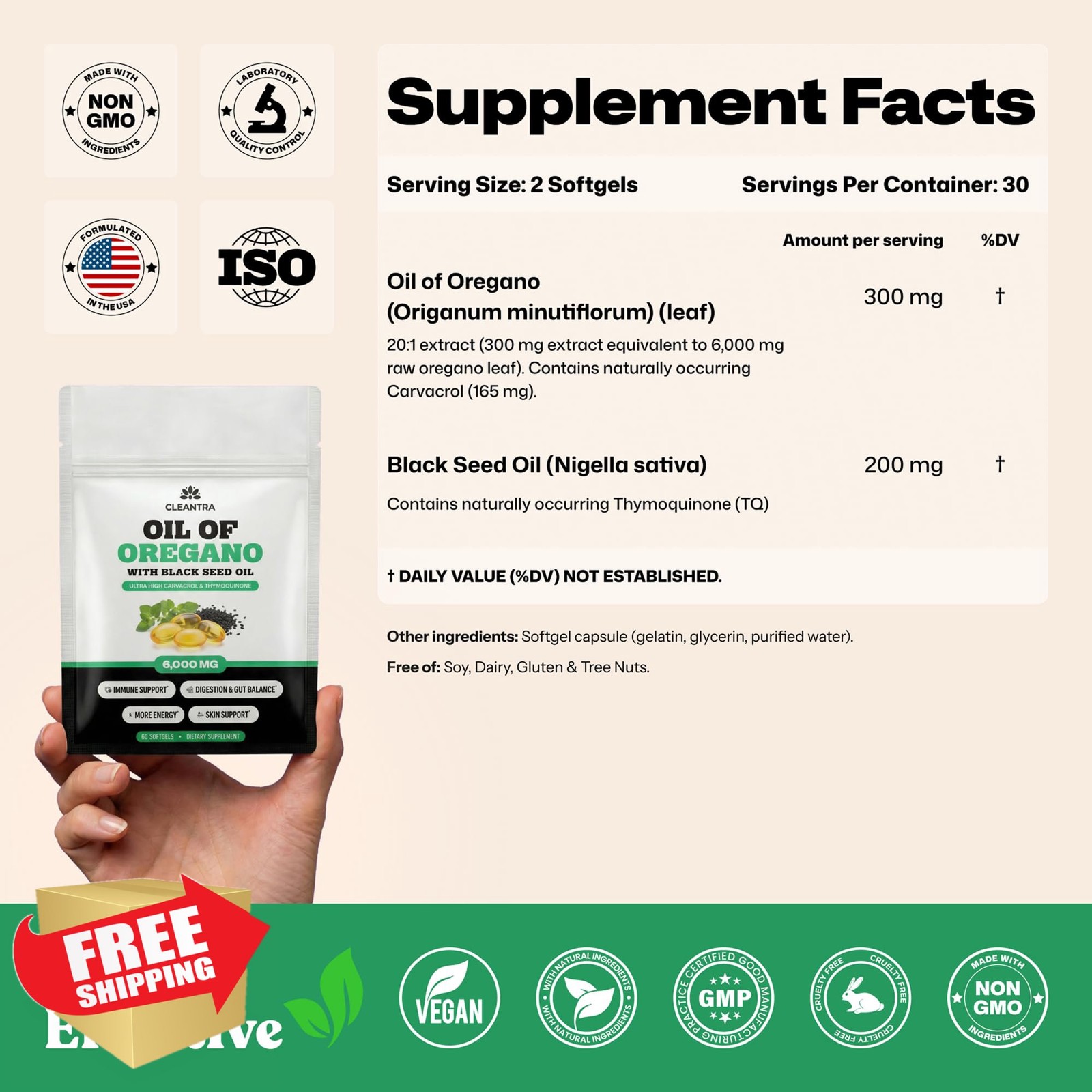 Cleantra Oil Oregano Black Seed Softgels 6000mg