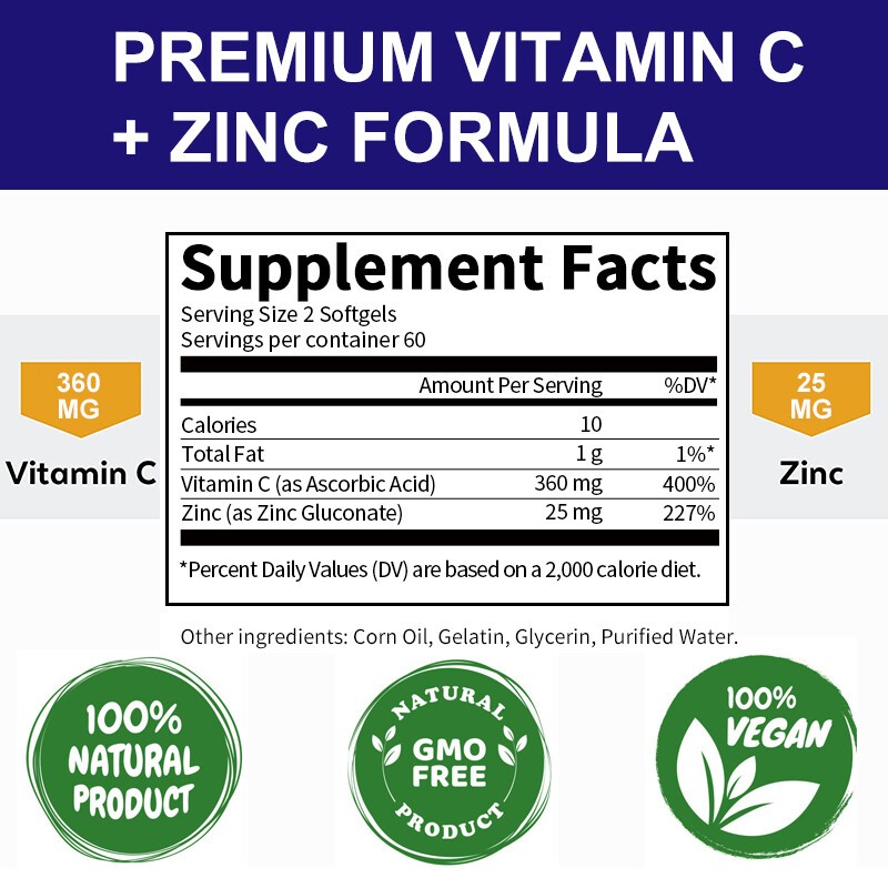 Vitamin C with Zinc 120 Capsules Antioxidant Supplements for Immune Support