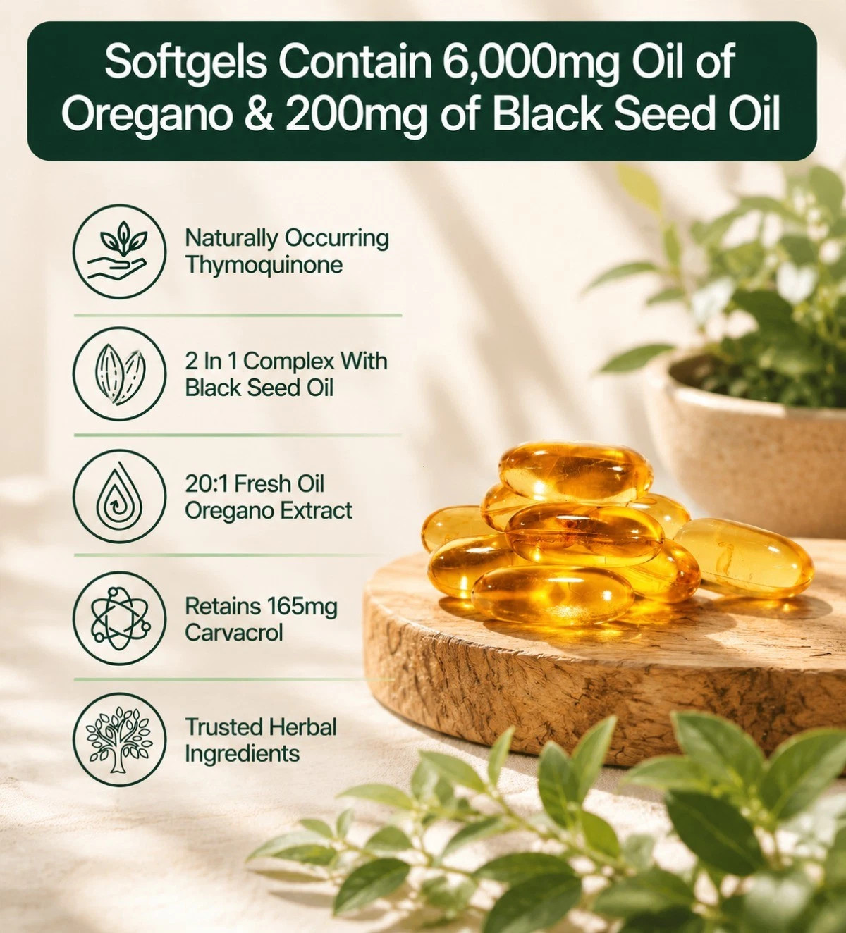 Oil of Oregano with Black Seed Oil Softgels 300 Count 6200mg Herbal Supplement