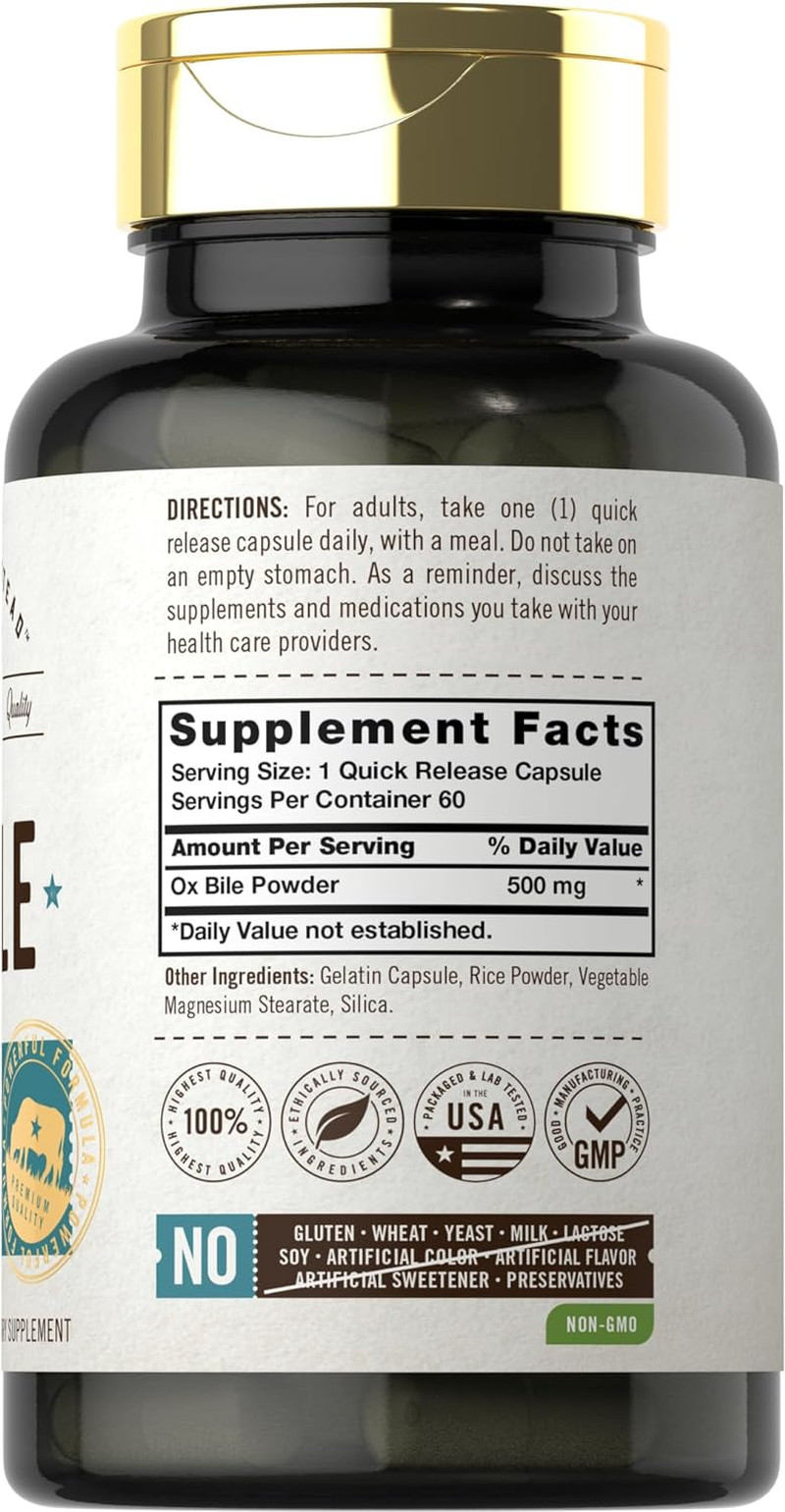 Ox Bile Supplement 500Mg 60 Capsules Digestive Enzyme Non-Gmo & Gluten Free by H