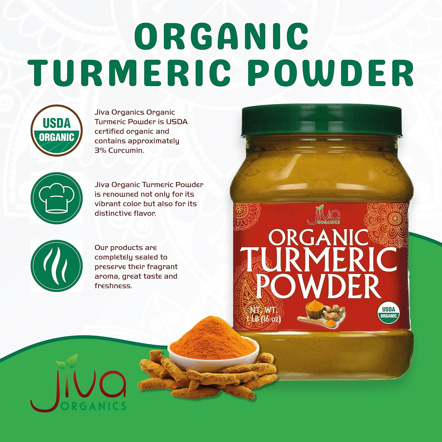Organic Turmeric Powder 1 Pound Jar by Jiva Organics – 100% Raw with Curcumin –
