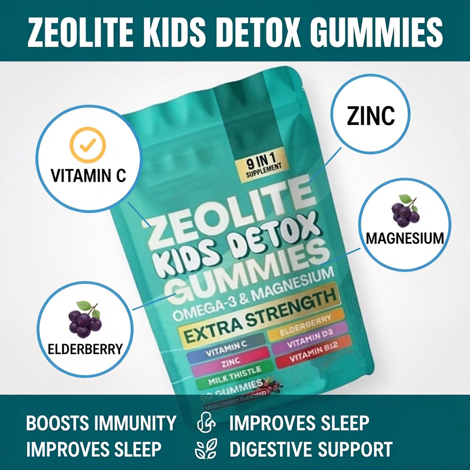 Detox Gummies Kids All-in-One Mixed Berry Flavored Zeolite 60 Gummies