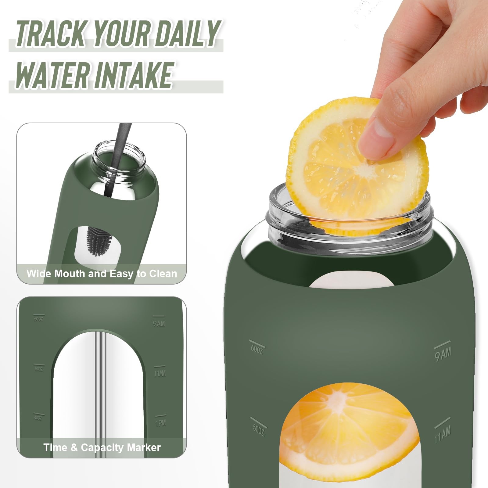 FULBEVY Glass Water Bottles 64 oz – Half Gallon Large 64 Ounces, Olive