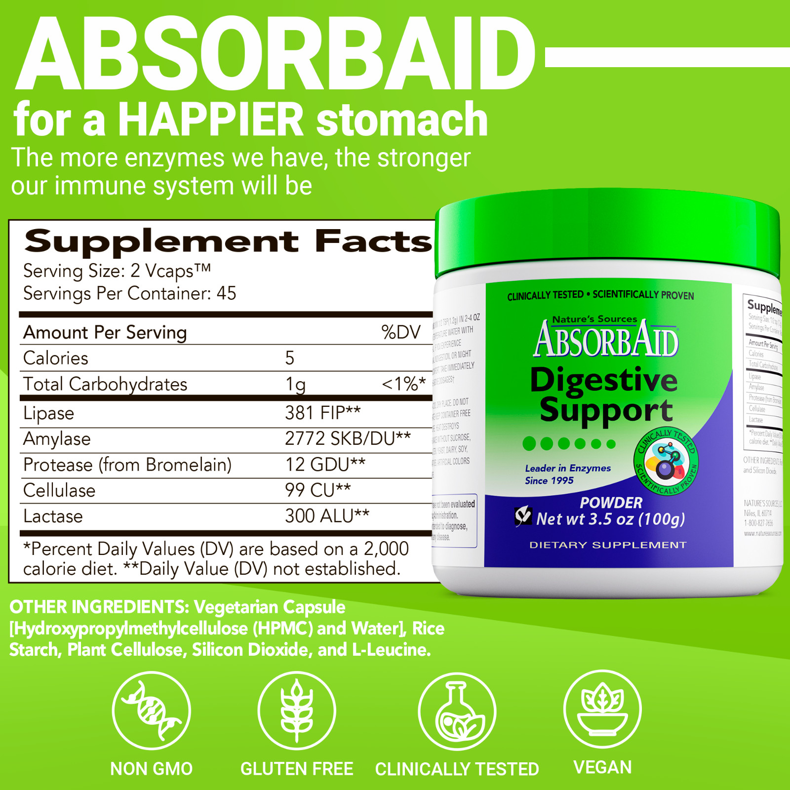AbsorbAid 100g Powder -Natural Digestive Enzymes for gas, bloating & acid reflux