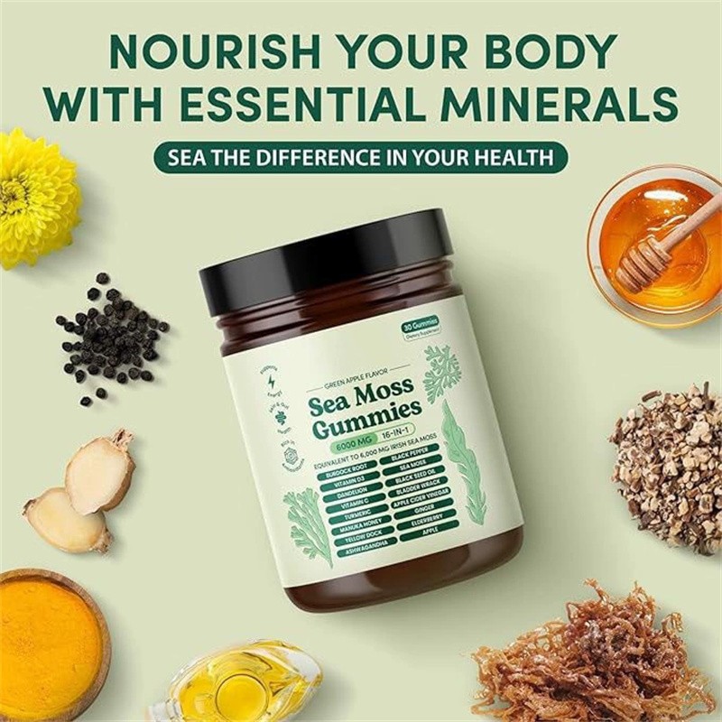 Sea Moss Gummies 16-in-1, Sea Moss mix with Black Seed Oil-Green Apple Flavor
