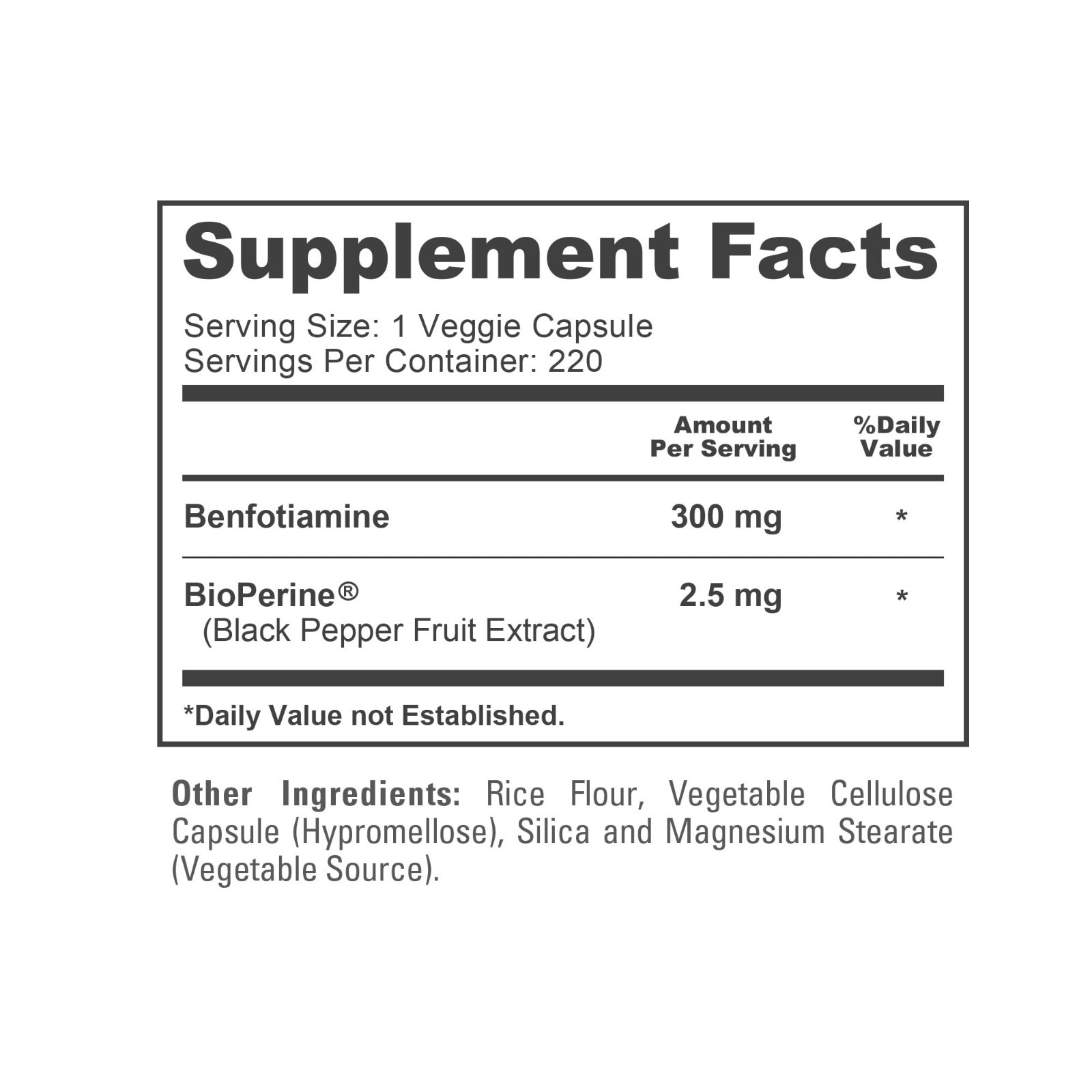 Benfotiamine 300mg Veggie Caps 220 Count – Non-GMO, Vegan, with Bioperine