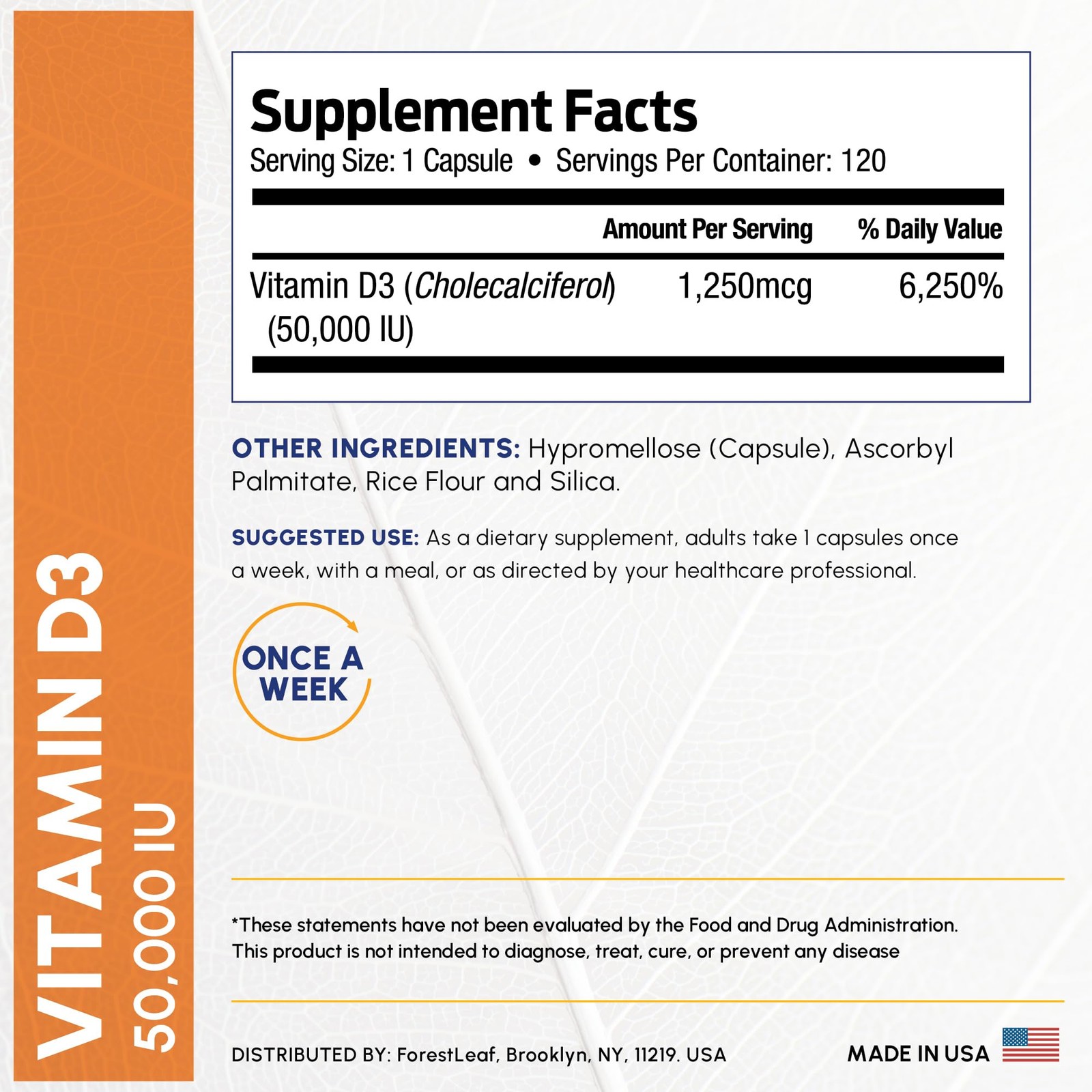 ForestLeaf Vitamin D3 50,000 IU | VIT D – Kosher 120 Count (Pack of 1)