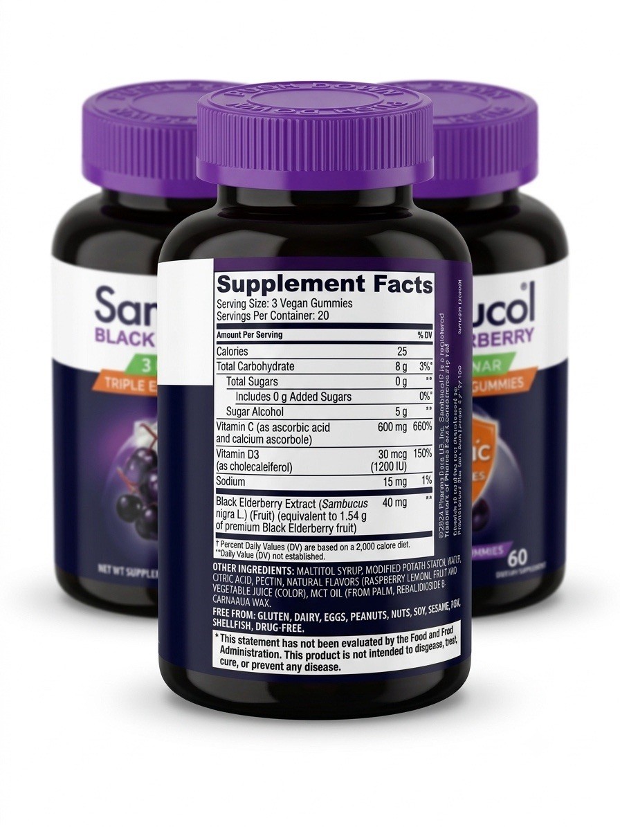 3x Sambucol Black Elderberry Zero Sugar 600mg Vitamin C Immunity 60ct 180 Total