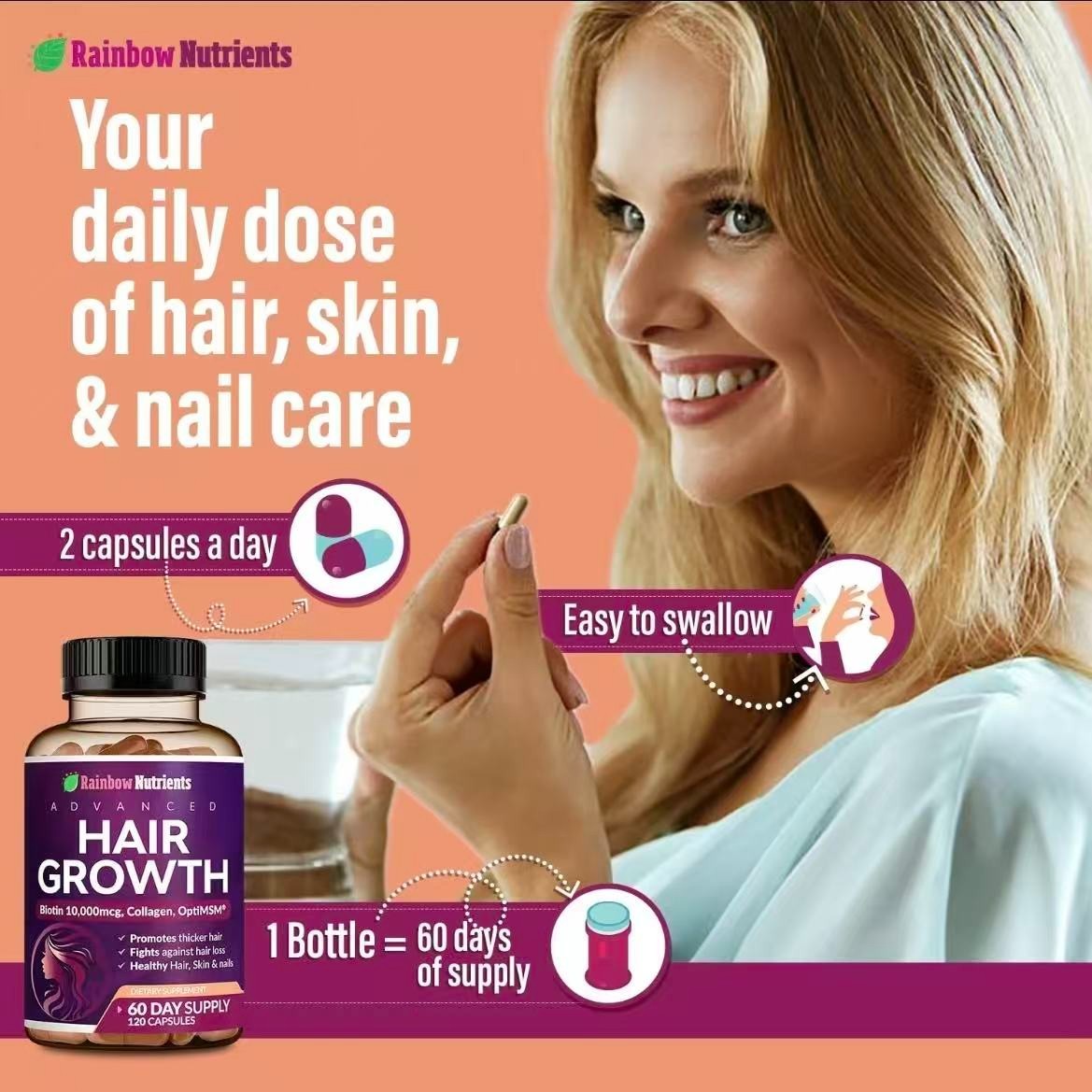 24-in-1 Advanced Hair Growth Vitamins Biotin 10,000mc9,Collagen,Patented OptiMSM