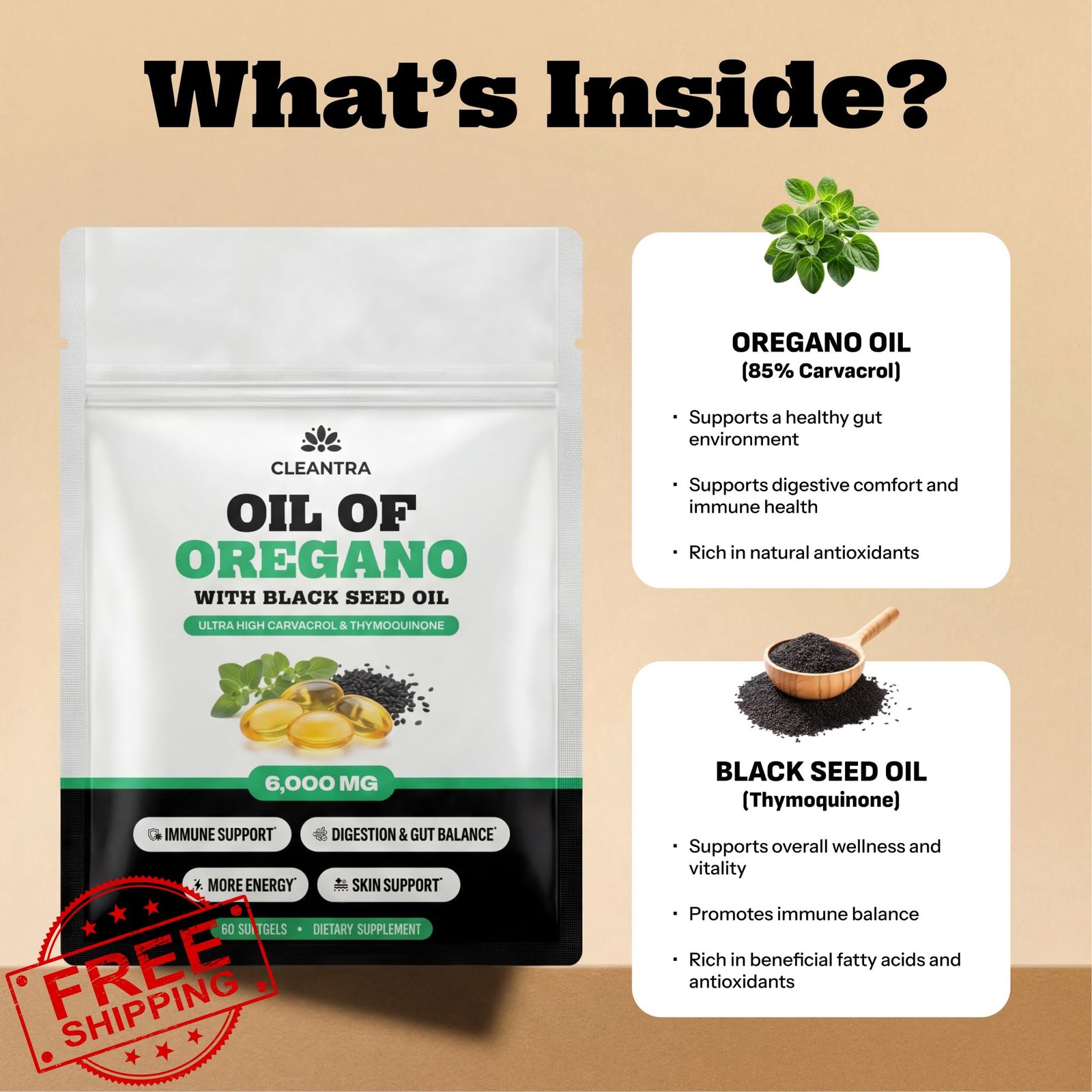 Cleantra Oil Oregano Black Seed Softgels 6000mg