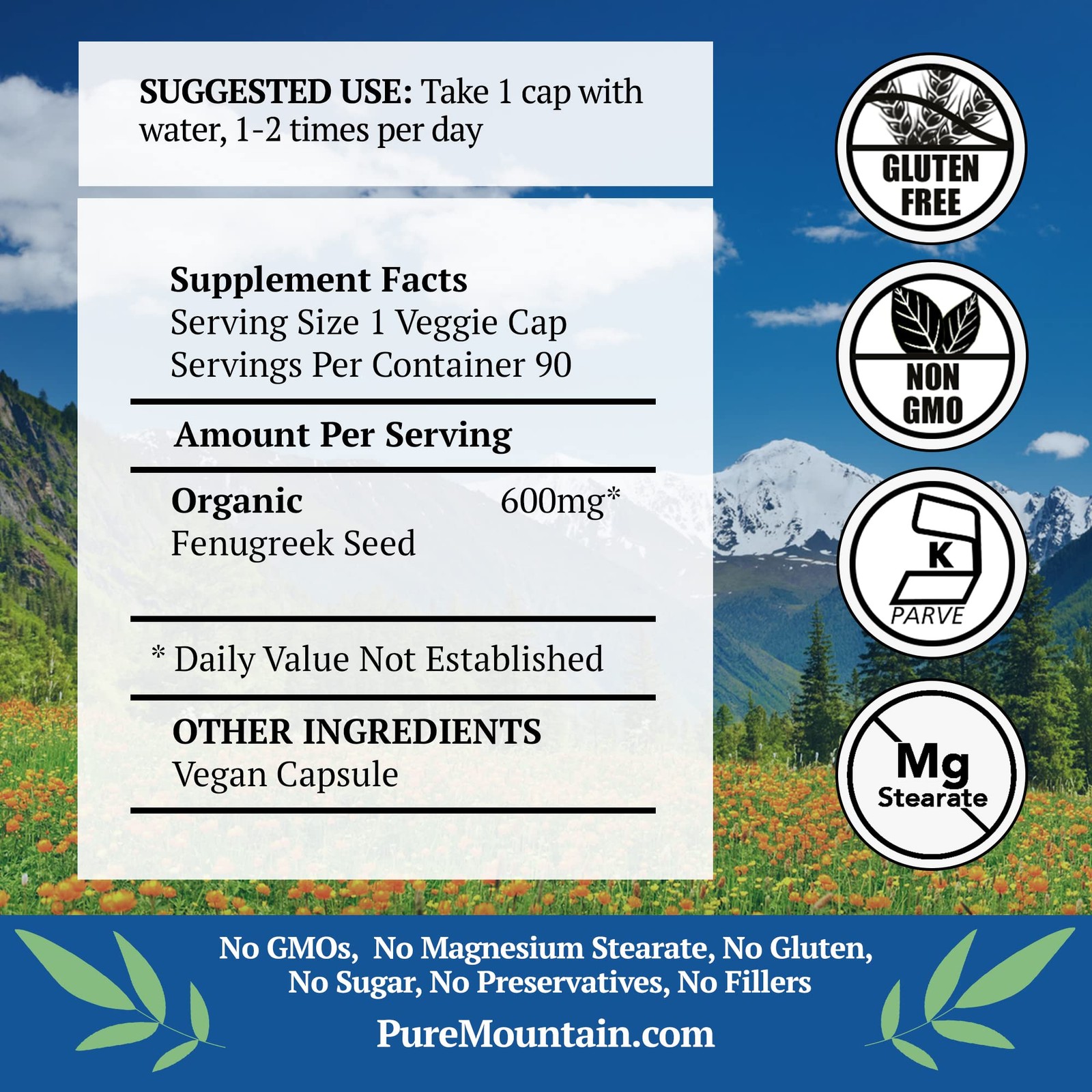 Pure Mountain Botanicals Fenugreek Capsules Organic Fenugreek Seed Supplement