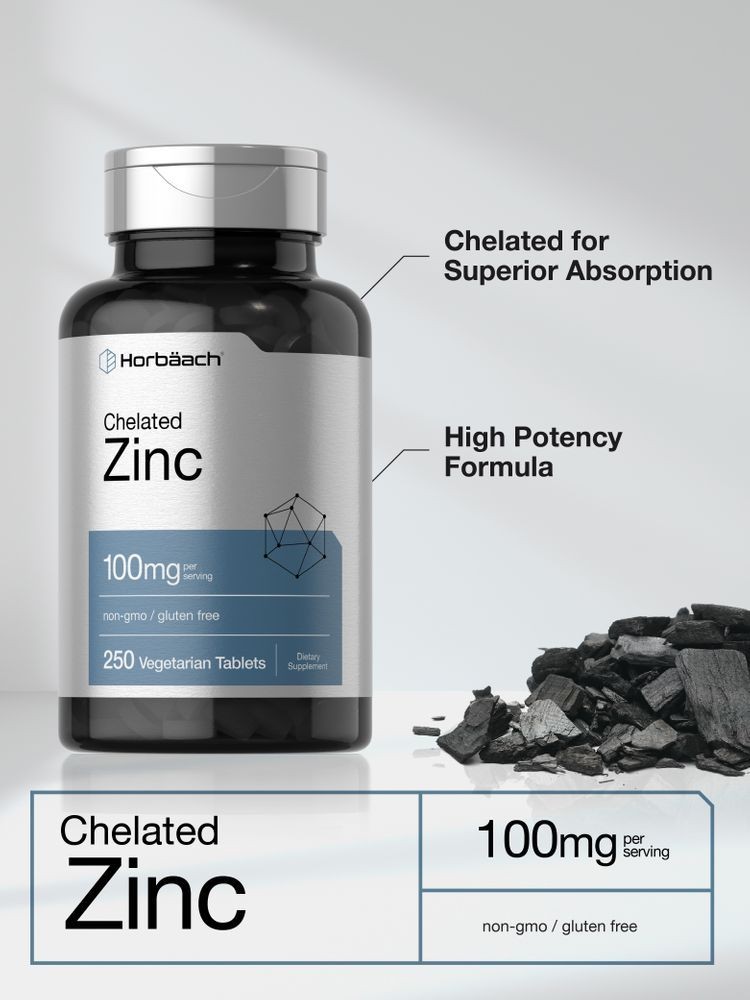 Chelated Zinc Supplement 100mg | 250 Tablets | High Potency | by Horbaach